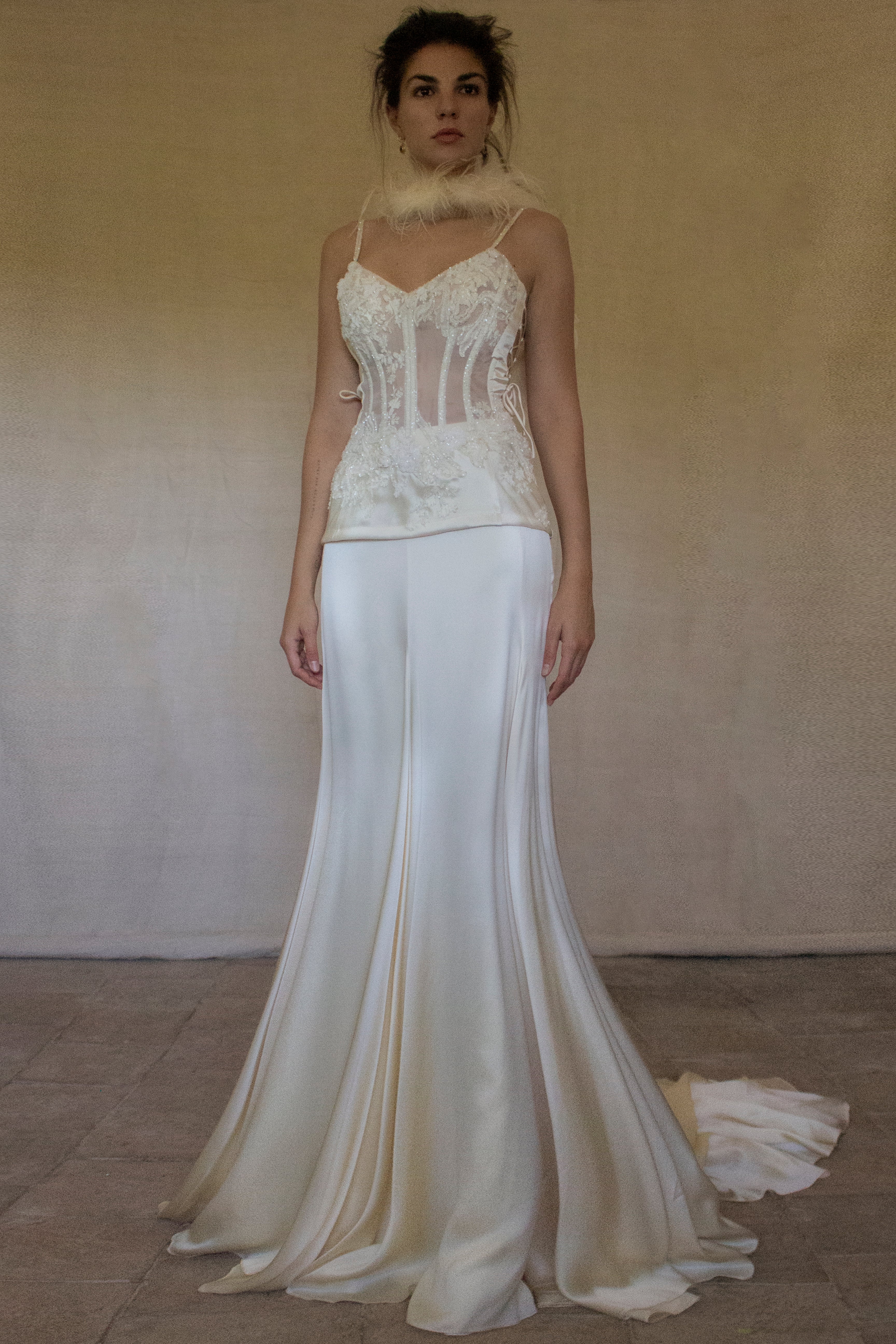 362 - VINTAGE 90s SILK BRIDAL TWO PIECE SET: EMBROIDERED BUSTIER AND FLUID CREAM SKIRT