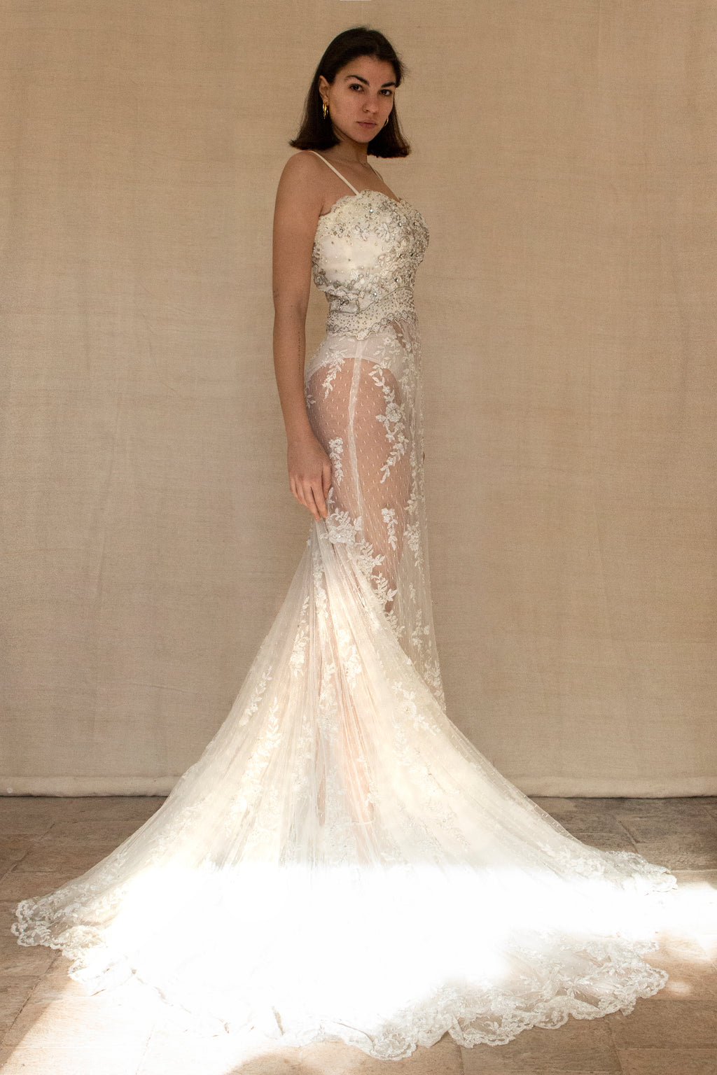 239 - VINTAGE OFF-WHITE MERMAID SWAROVSKI WEDDING DRESS: GOWN WITH NUDE POLKA DOT TULLE & SILVER FLORAL EMBROIDERY