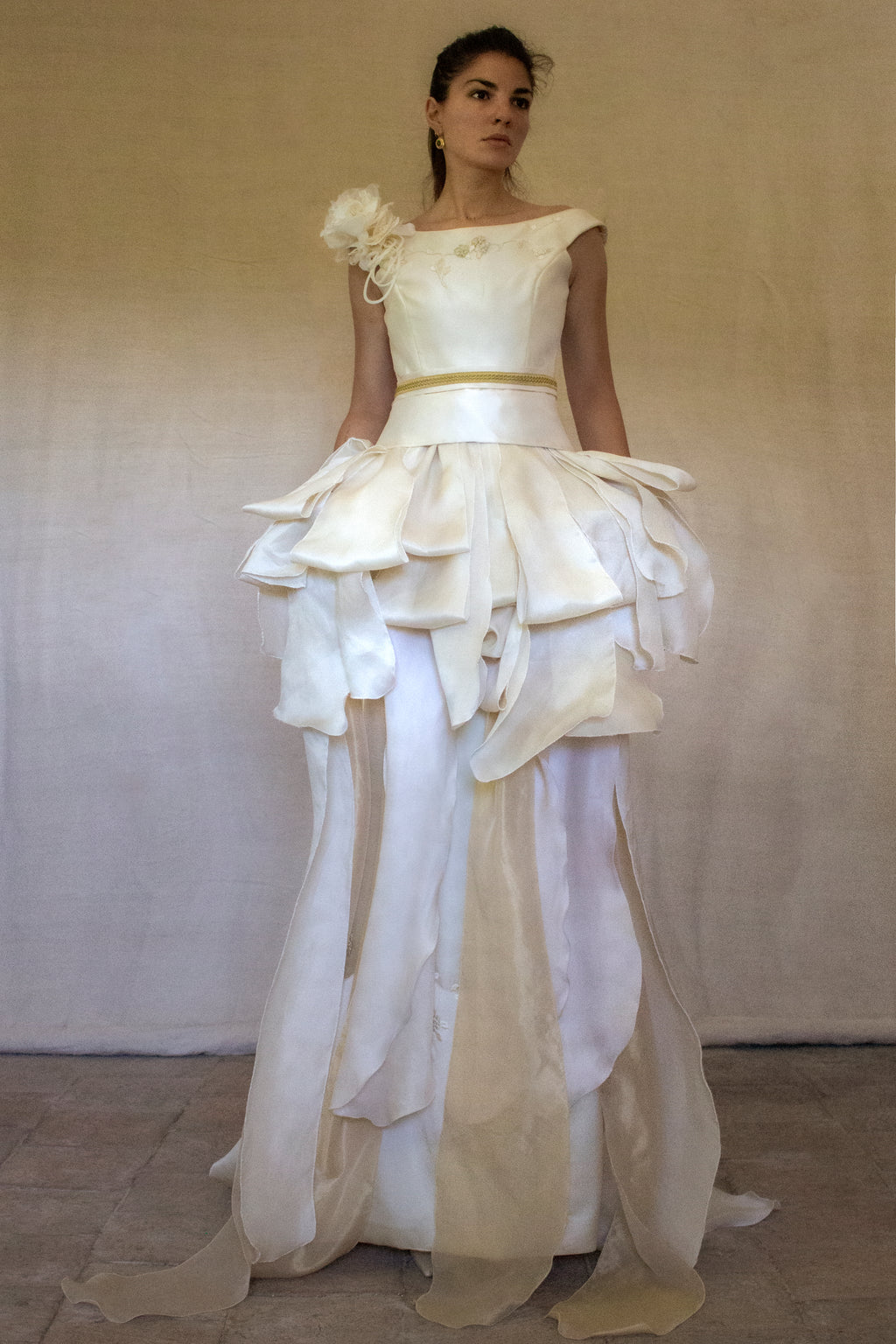357 - VINTAGE 90s UPCYCLED SILK ORGANZA WEDDING DRESS: EMBROIDERED GOWN WITH HANDMADE FRINGE