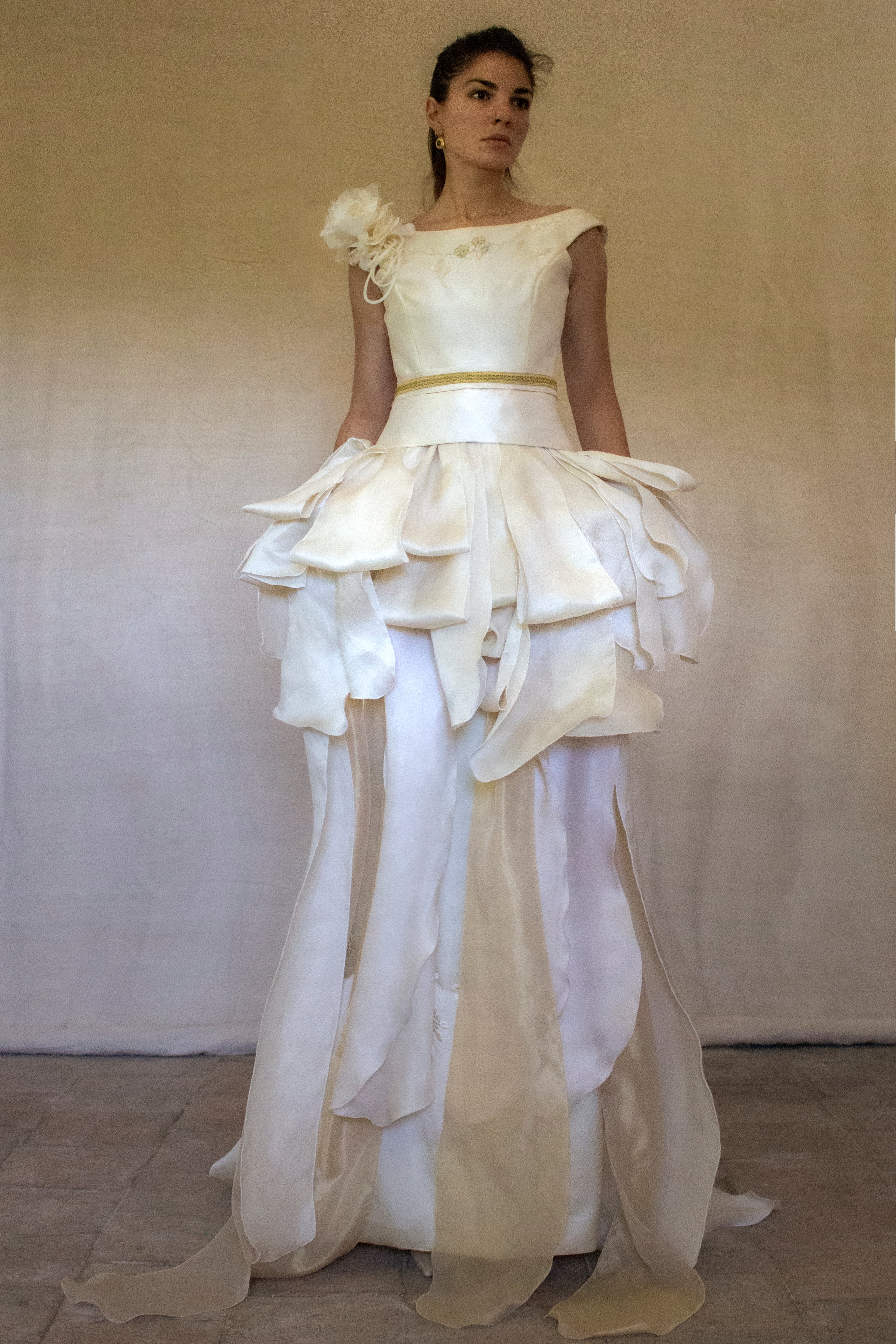 357 - VINTAGE 90s UPCYCLED SILK ORGANZA WEDDING DRESS: EMBROIDERED GOWN WITH HANDMADE FRINGE
