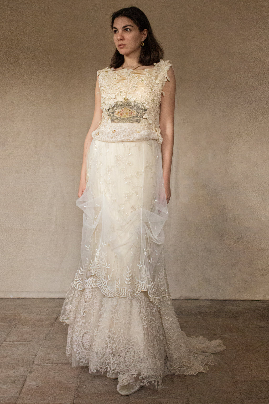 343 - UNIQUE UPCYCLED LACE WEDDING DRESS: VINTAGE BOHO BRIDAL GOWN, 50S 70S SILK EMBROIDERY, GOLD & SILVER LUXURY SUSTAINABLE WEDDING DRESS - Vague atelier