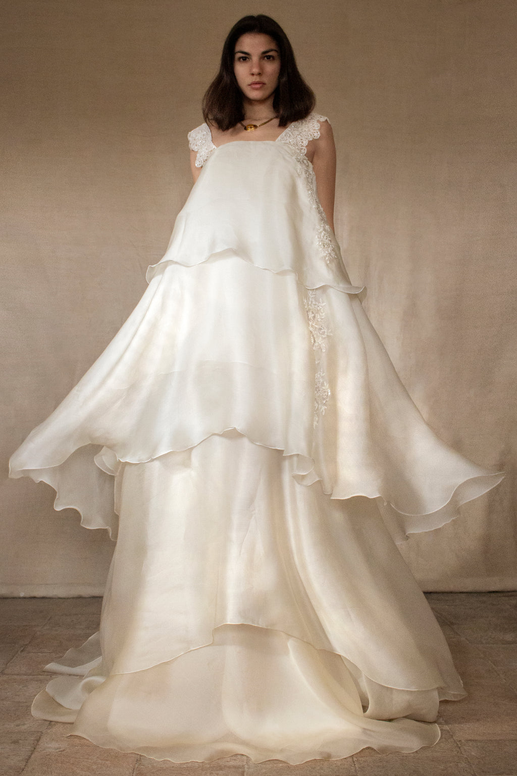 344 - UNIQUE UPCYCLED SILK ORGANZA WEDDING DRESS: PEARL GREY & BRONZE RUFFLED GOWN, SILVER EMBROIDERY, LUXURY SUSTAINABLE BRIDAL DRESS - Vague atelier
