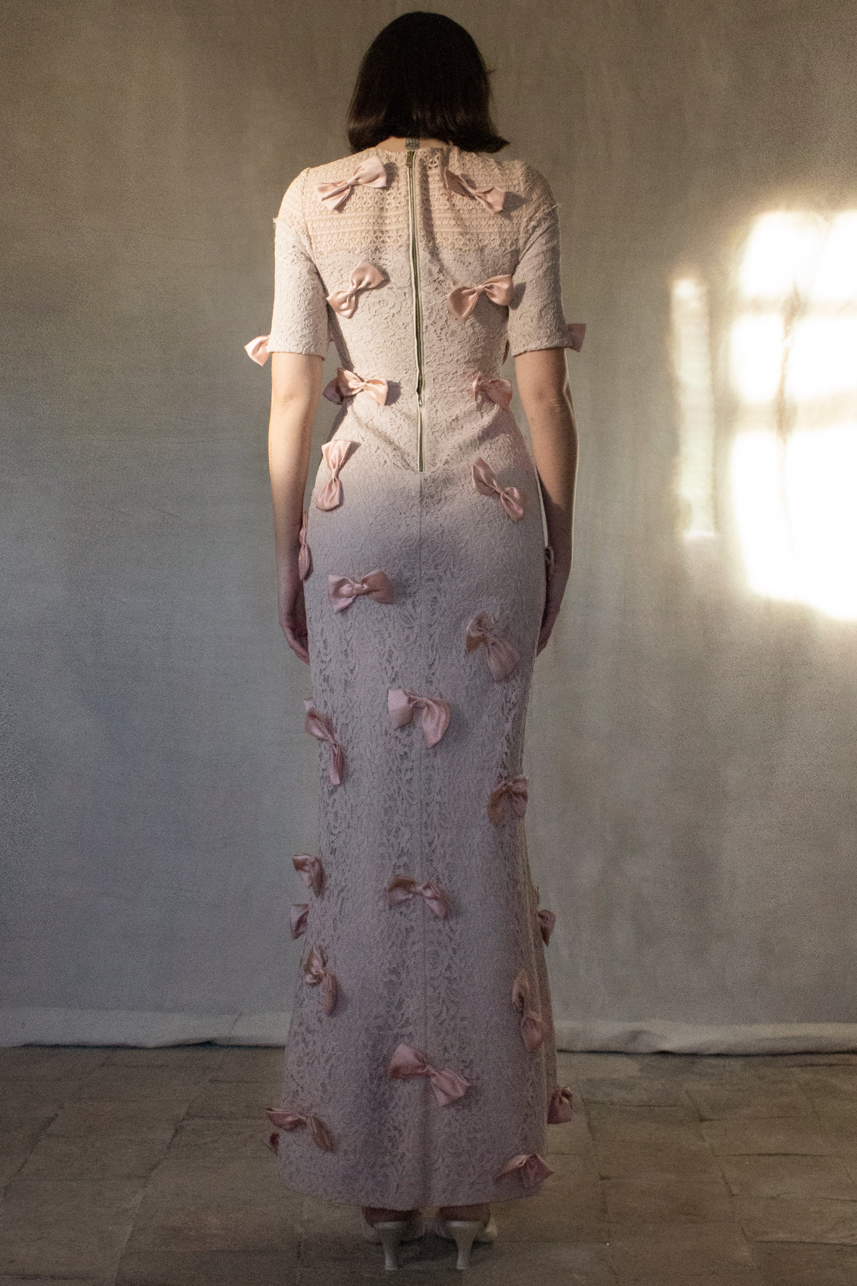 330 - DUSTY PINK VINTAGE BRIDAL LACE GOWN: COQUETTE SATIN BOWS & ROMANTIC HALF SLEEVES