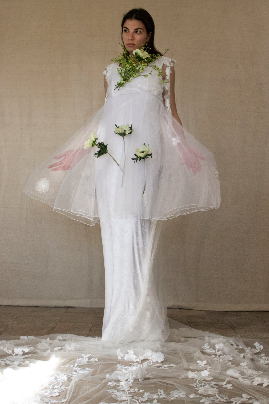 350 - UNIQUE VINTAGE UPCYCLED WEDDING DRESS: PEARL GREY VELVET SHEATH WITH TUTU & MAXI EMBROIDERED BRIDAL CAPE, SPRING BOHO STYLE - Vague atelier