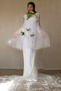 350 - UNIQUE VINTAGE UPCYCLED WEDDING DRESS: PEARL GREY VELVET SHEATH WITH TUTU & MAXI EMBROIDERED BRIDAL CAPE, SPRING BOHO STYLE - Vague atelier
