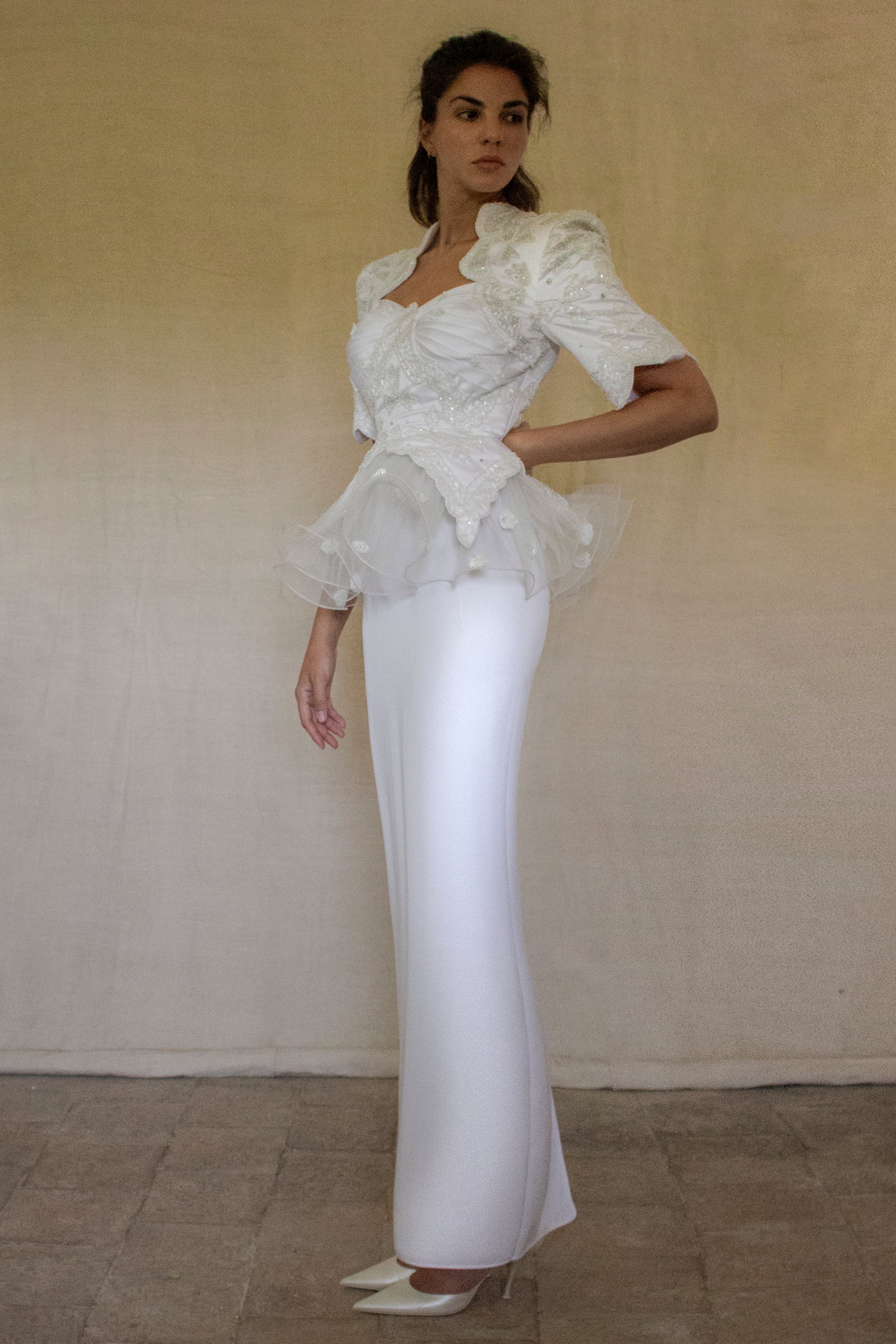 Vintage 80s Sheath Wedding Dress | Hand Embroidered Bridal Gown with Slit - 366