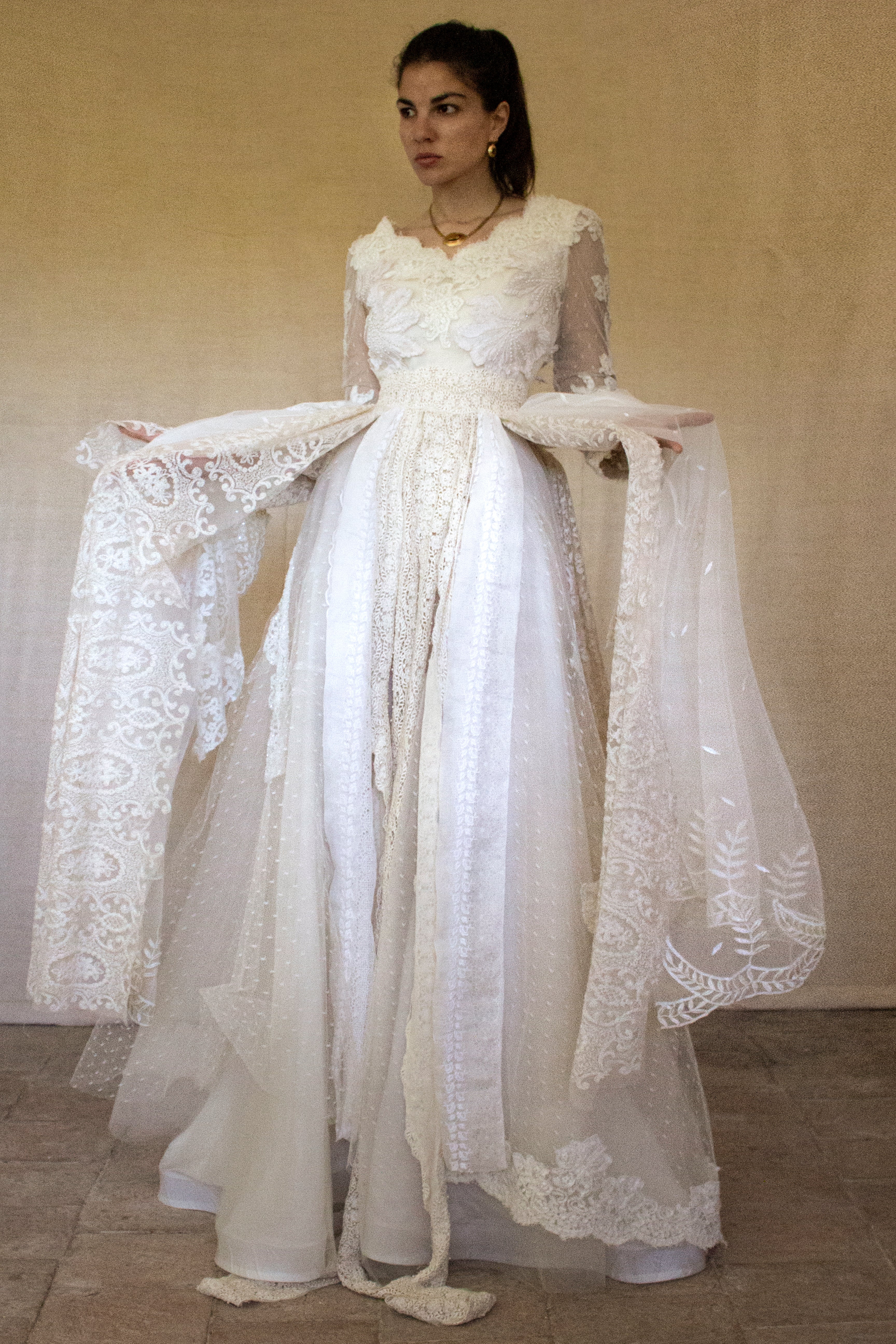 356 - VINTAGE 90s UPCYCLED LACE WEDDING DRESS: IVORY GOWN WITH POLKA DOT TULLE & ANTIQUE MACRAME DETAILS - Vague atelier