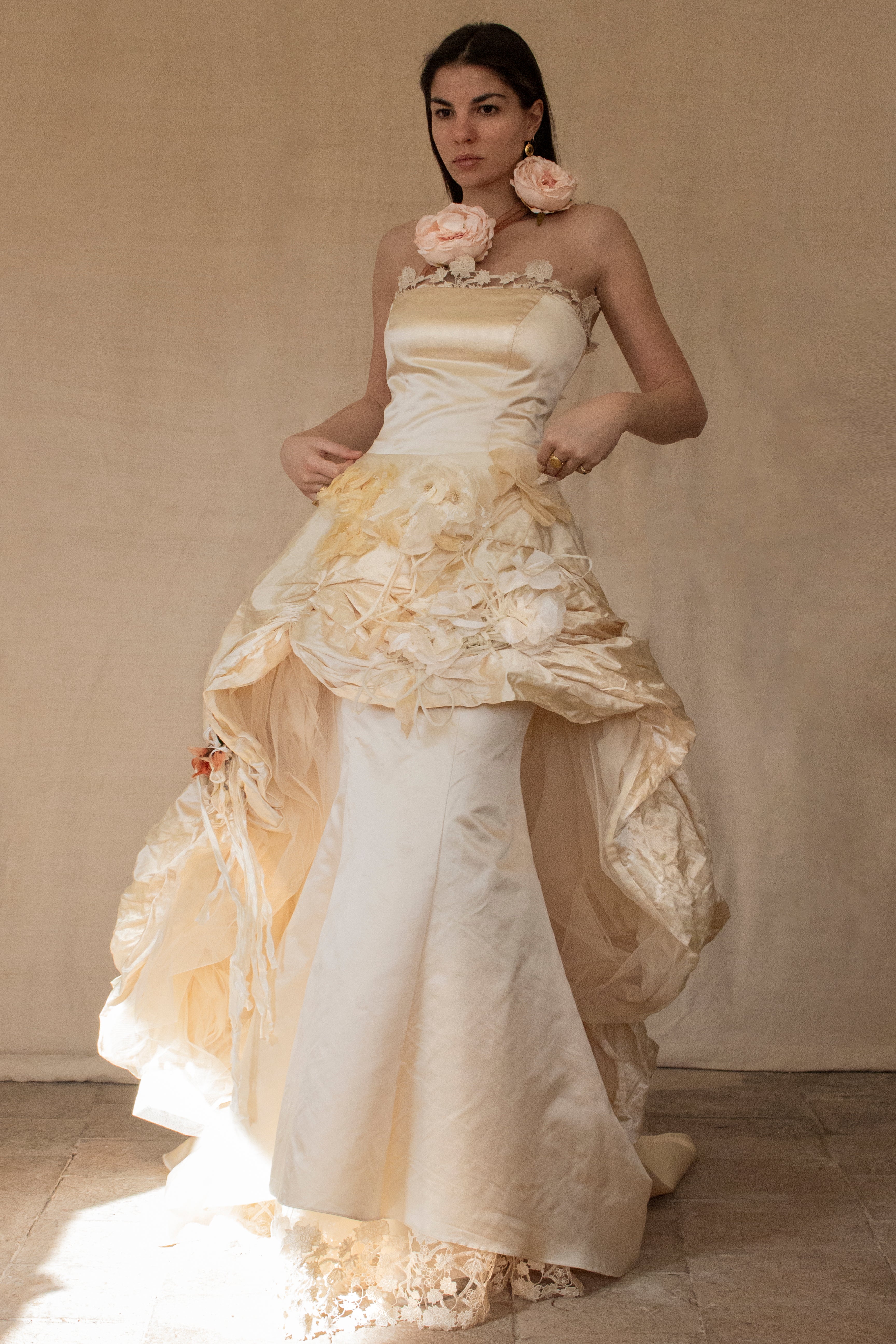 348 - UNIQUE UPCYCLED SILK MERMAID WEDDING DRESS: 90S CREAM TAFFETA GOWN WITH PINK PEONIES, EMBOSSED FLORAL DETAILS & BOHO ROMANTIC STYLE