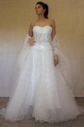 361 - VINTAGE PRINCESS WEDDING DRESS: ECRU SILK TULLE GOWN WITH EMBROIDERED STRAPLESS BODICE