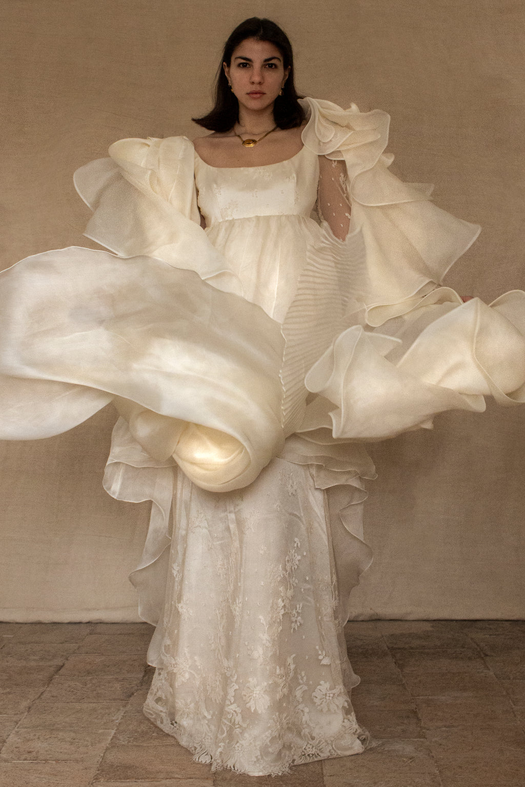 340 - OFF-WHITE SILK ORGANZA & ECRU LACE UPCYCLED WEDDING DRESS: UNIQUE EMPIRE GOWN WITH PLEATED WINGS