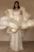 340 - OFF-WHITE SILK ORGANZA & ECRU LACE UPCYCLED WEDDING DRESS: UNIQUE EMPIRE GOWN WITH PLEATED WINGS