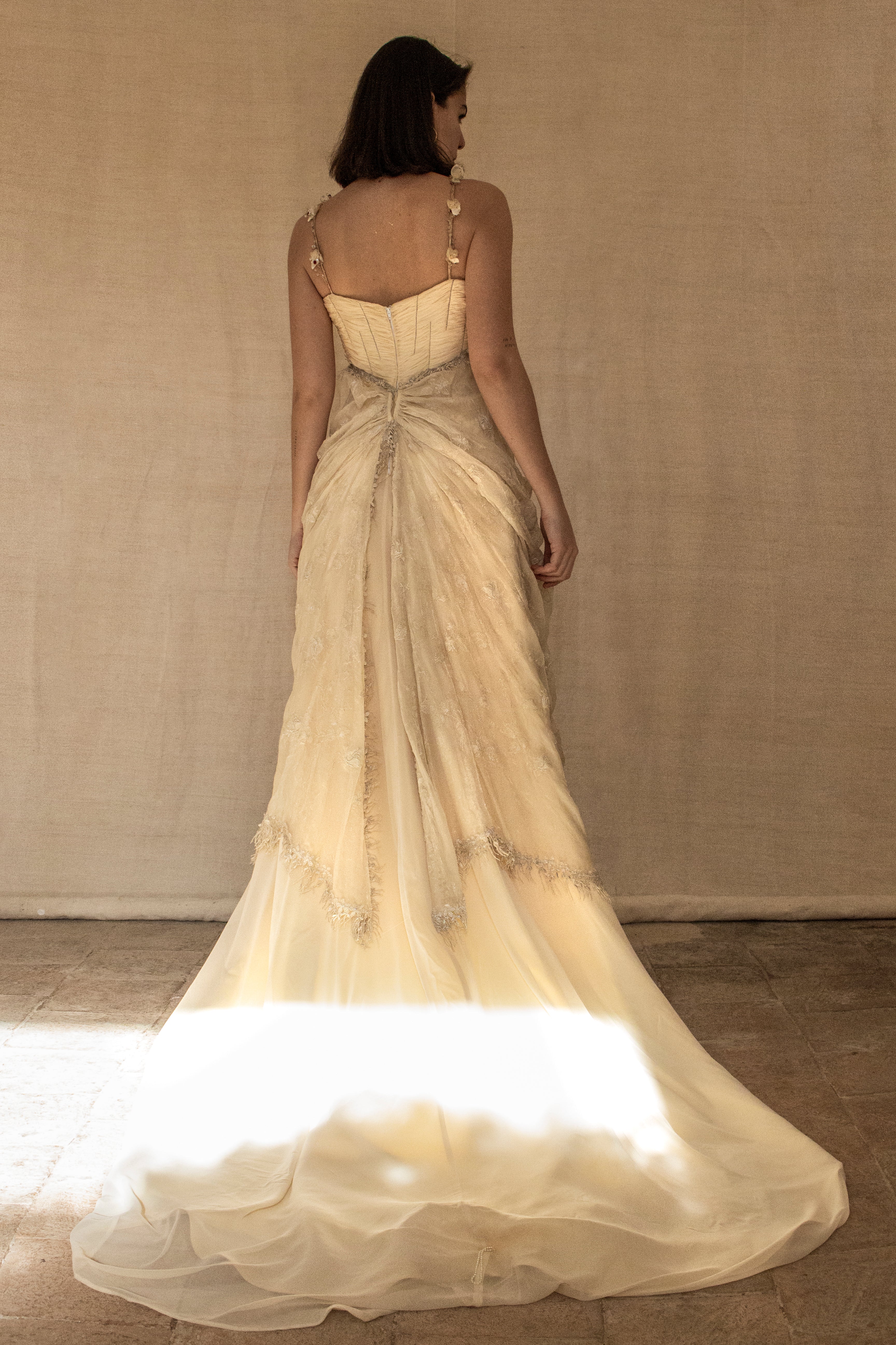 336 - DARK BEIGE SILK EMPIRE WEDDING DRESS: VINTAGE 90s GOWN WITH ROARING 20s DETAILS & SILVER EMBROIDERY