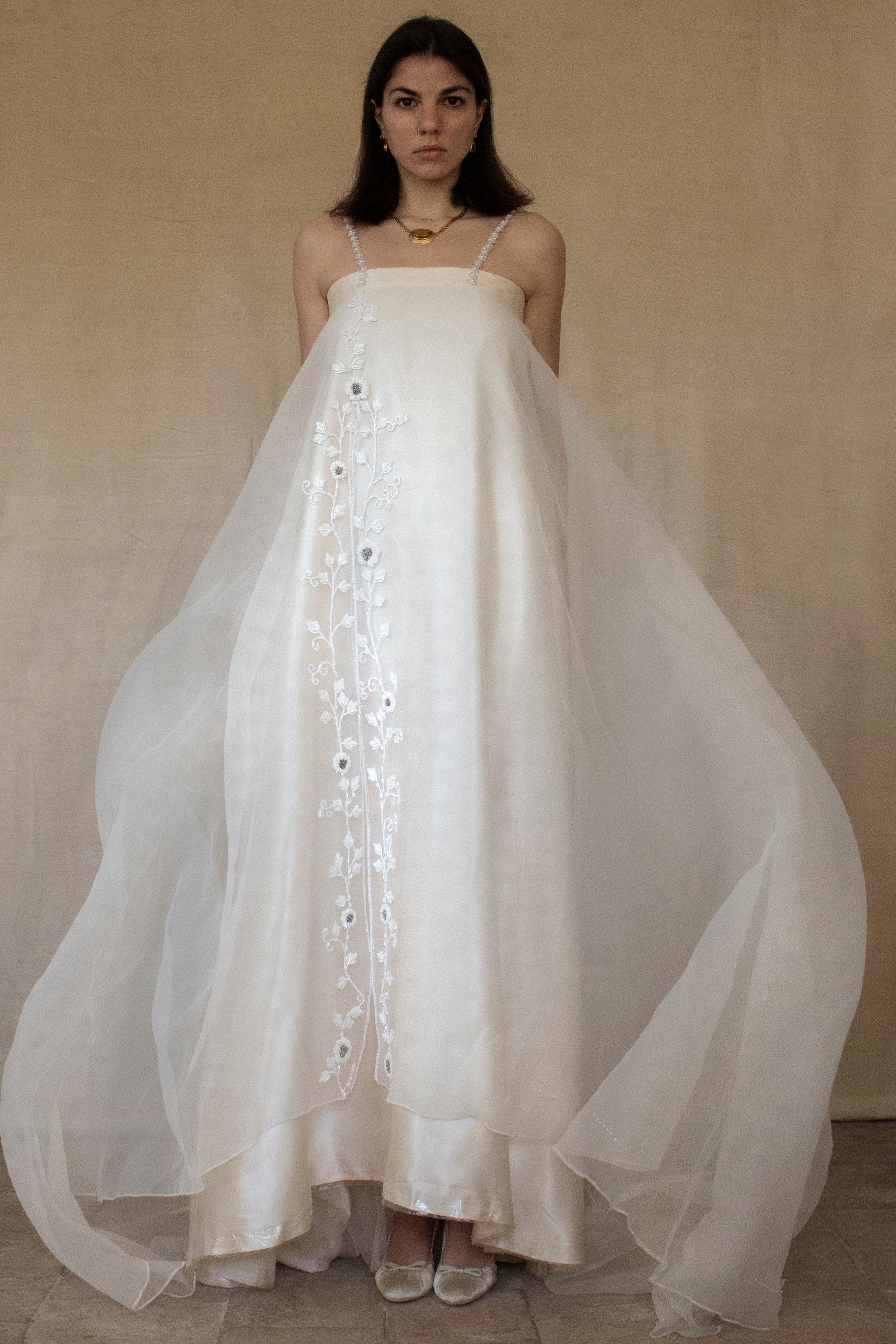 347 - UNIQUE UPCYCLED SILK SATIN WEDDING DRESS: POWDER PINK SLIP GOWN & IVORY CAPE ENSEMBLE, SILVER FLORAL EMBROIDERY, BOHO LUXURY