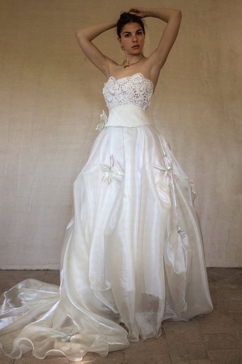 352 - UNIQUE 80S VINTAGE UPCYCLED WEDDING DRESS: EMPIRE WAIST SILK BRIDAL GOWN WITH IRIDESCENT ORGANZA & SEQUIN MAXI FLOWERS - Vague atelier