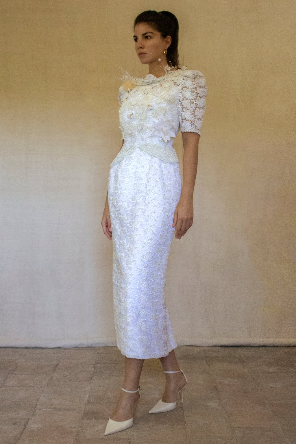 359 - VINTAGE 80s BEADED LACE SHEATH DRESS: WHITE & GOLD WEDDING GOWN WITH 3D FLORAL DETAILS