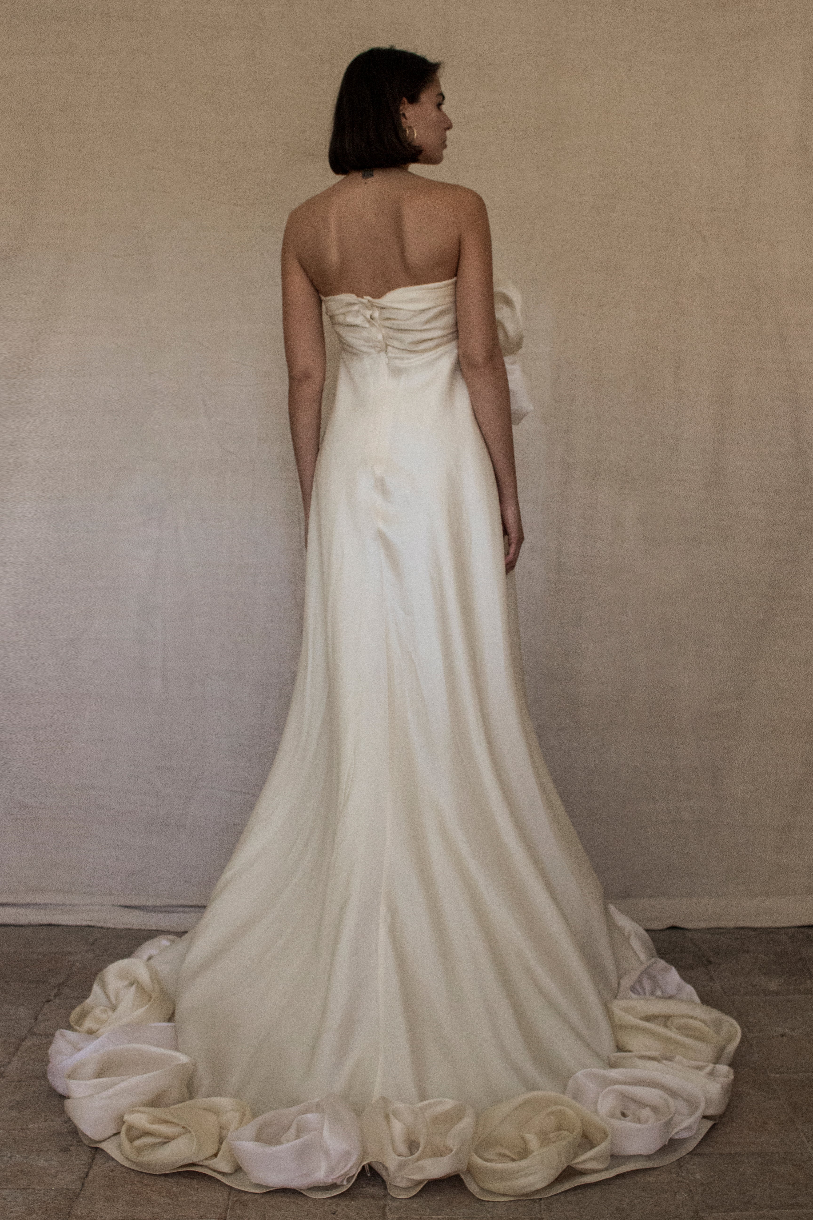 318 - COUTURE SILK ORGANZA BRIDAL GOWN: HANDMADE 3D MAXI FLOWERS & VINTAGE FLORAL TRAIN