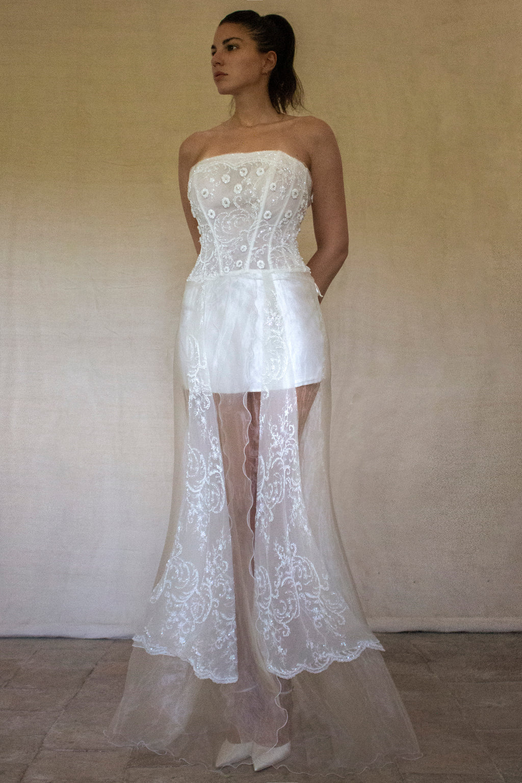 365 - VINTAGE 90s UPCYCLED EMBROIDERED WEDDING DRESS: STRAPLESS WRAP GOWN WITH IRIDESCENT DRAMA CAPE