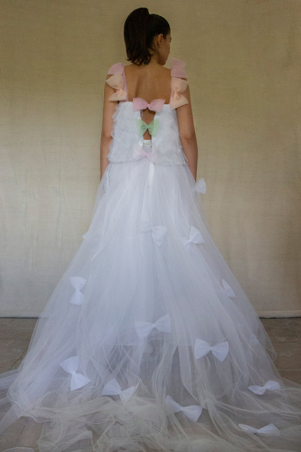 363 - VINTAGE 90s UPCYCLED TULLE 3-PIECE WEDDING DRESS: EMBROIDERED GOWN WITH HANDMADE BOWS AND CAPE