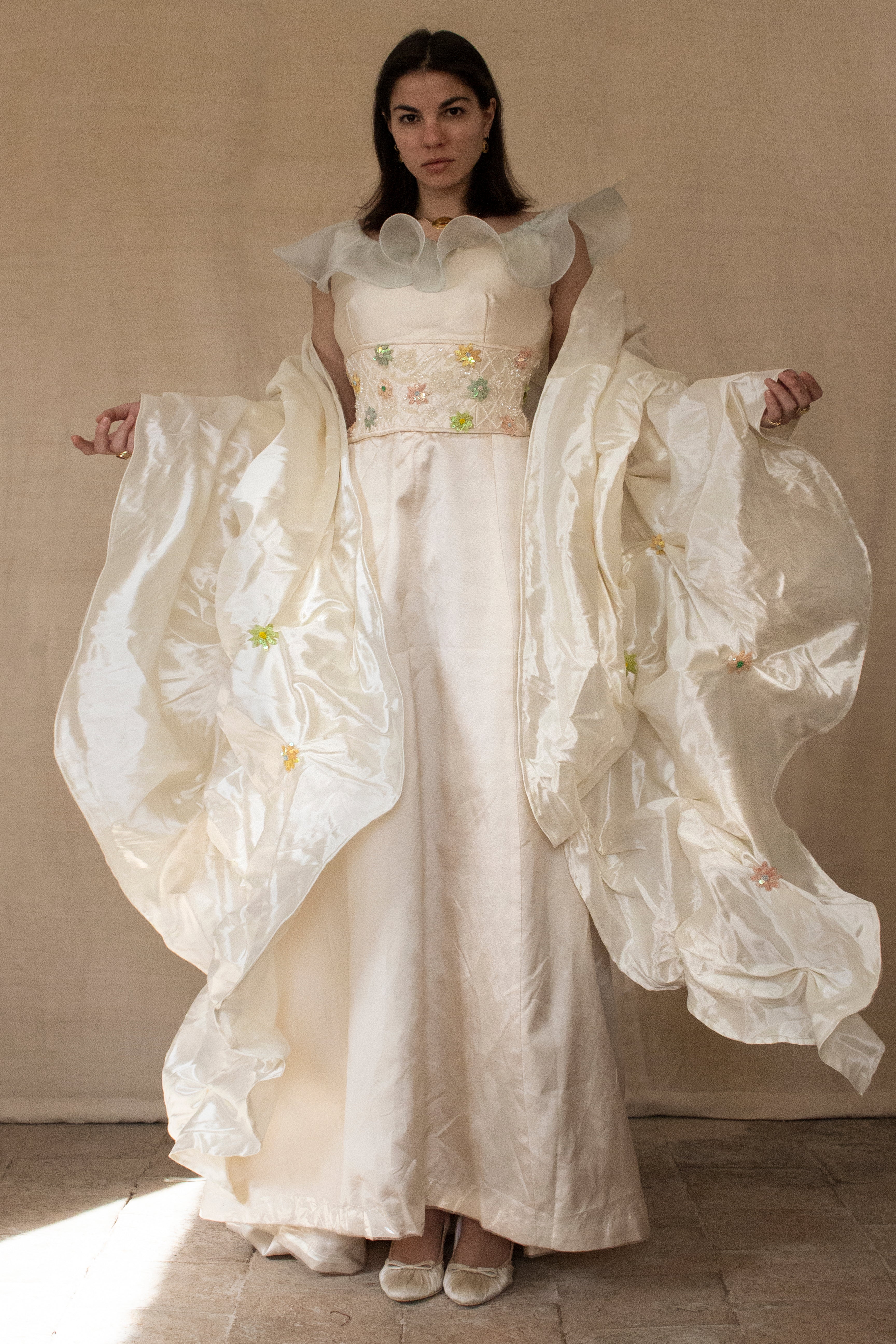 346 - UNIQUE UPCYCLED SILK TAFFETA WEDDING DRESS: PALE PINK MIKADO GOWN WITH MINT RUFFLE, SEQUIN FLORAL EMBROIDERY & MAXI STOLE