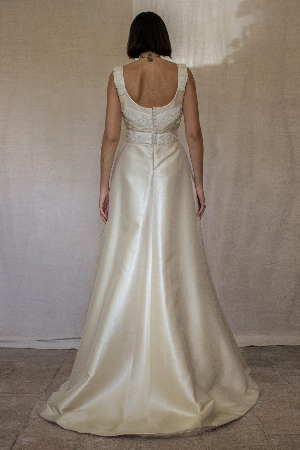 307 - REGAL BRONZE SILK MIKADO WEDDING DRESS: A-LINE GOWN WITH ANTIQUE 1960S EMBROIDERY