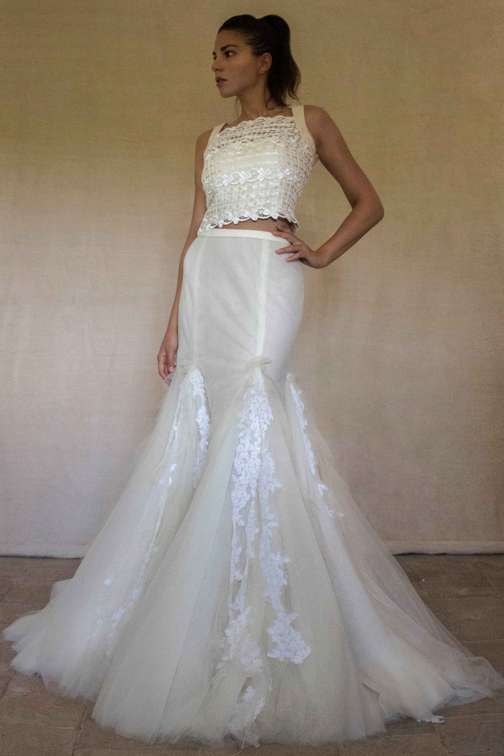 364 - VINTAGE 90s UPCYCLED TULLE AND MACRAME WEDDING DRESS: 2-PIECE ROMANTIC GOWN WITH FLOREAL LACE