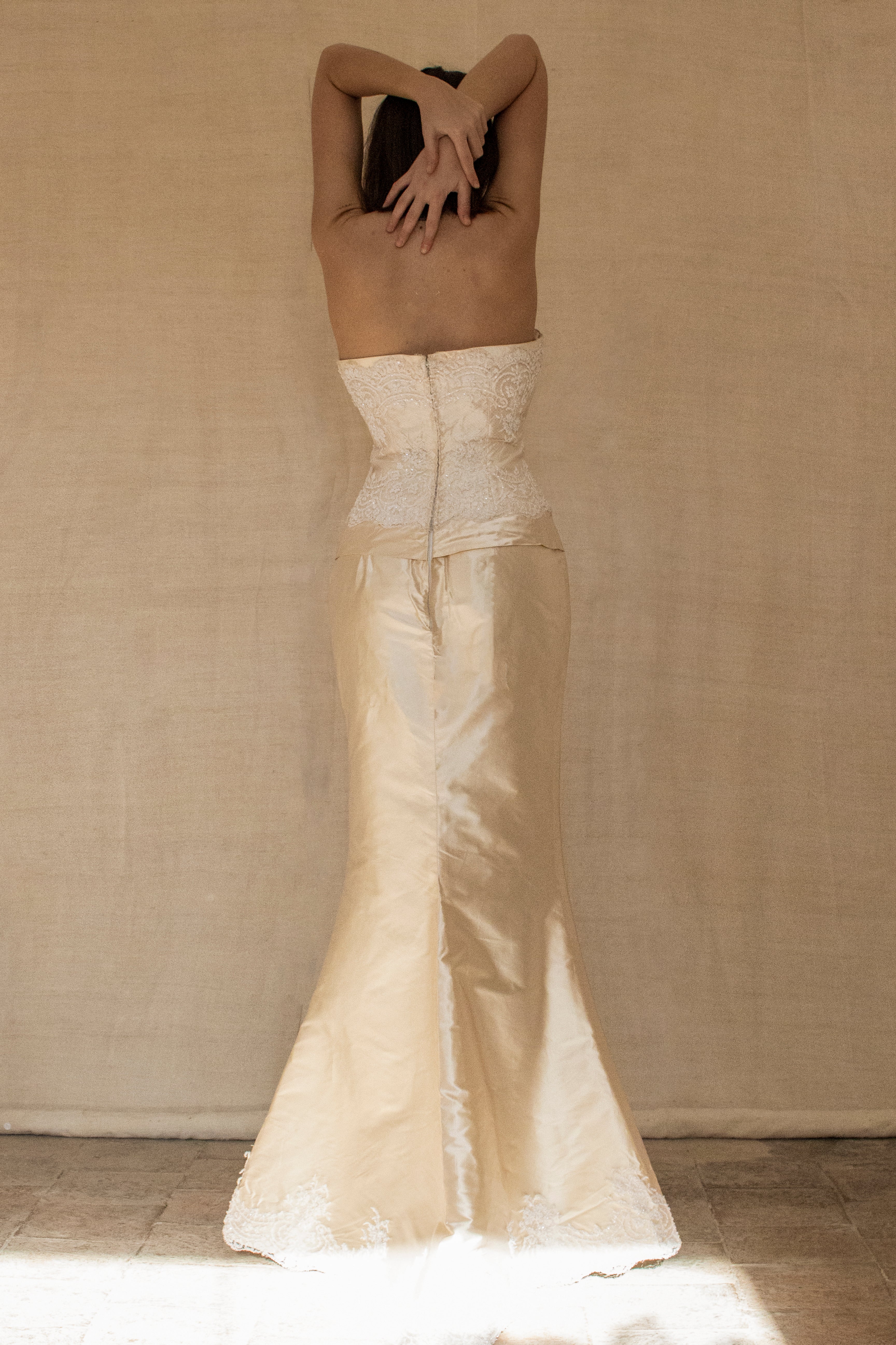 334 - IVORY SILK MIKADO VINTAGE WEDDING DRESS: COLUMN GOWN WITH EMBROIDERED CAPE & CRYSTALS