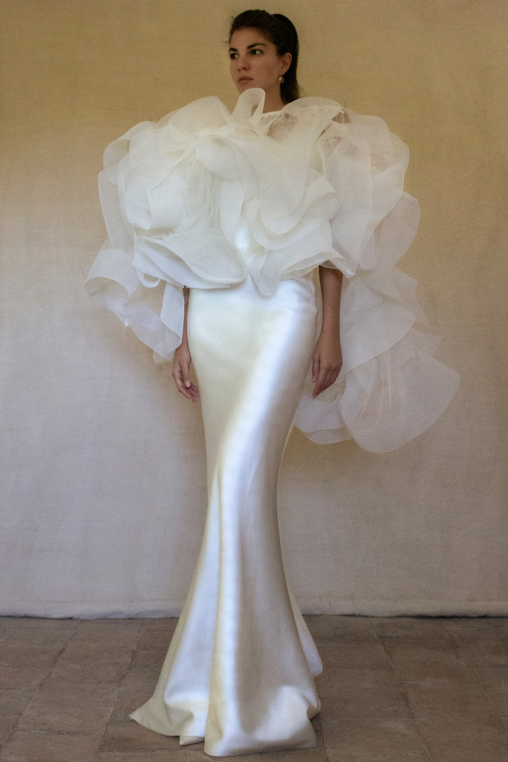 360 - VINTAGE SLIP STYLE WEDDING DRESS: CREAM FLUID SATIN GOWN WITH EMBROIDERED TULLE CAPE