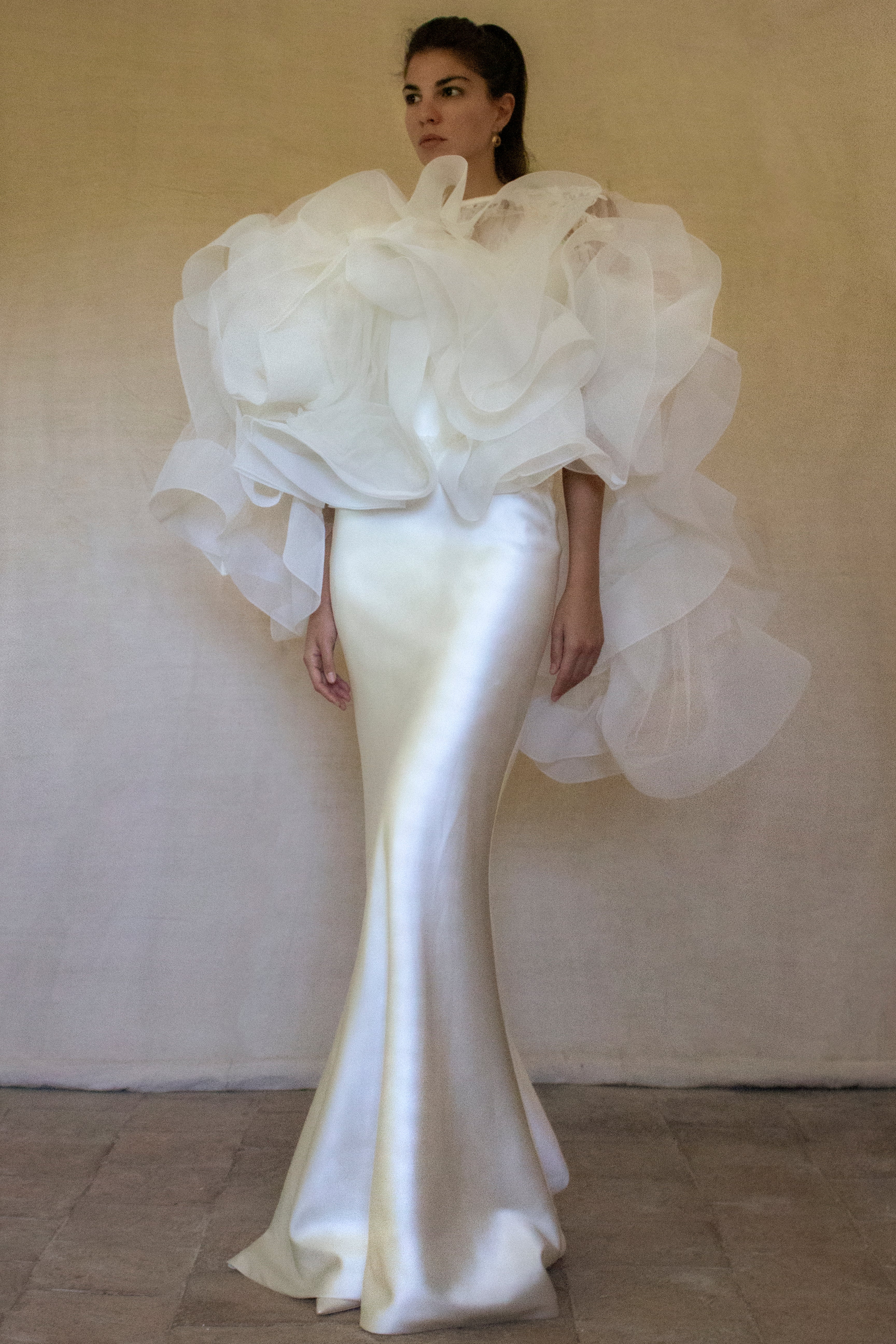 360 - VINTAGE SLIP STYLE WEDDING DRESS: CREAM FLUID SATIN GOWN WITH EMBROIDERED TULLE CAPE