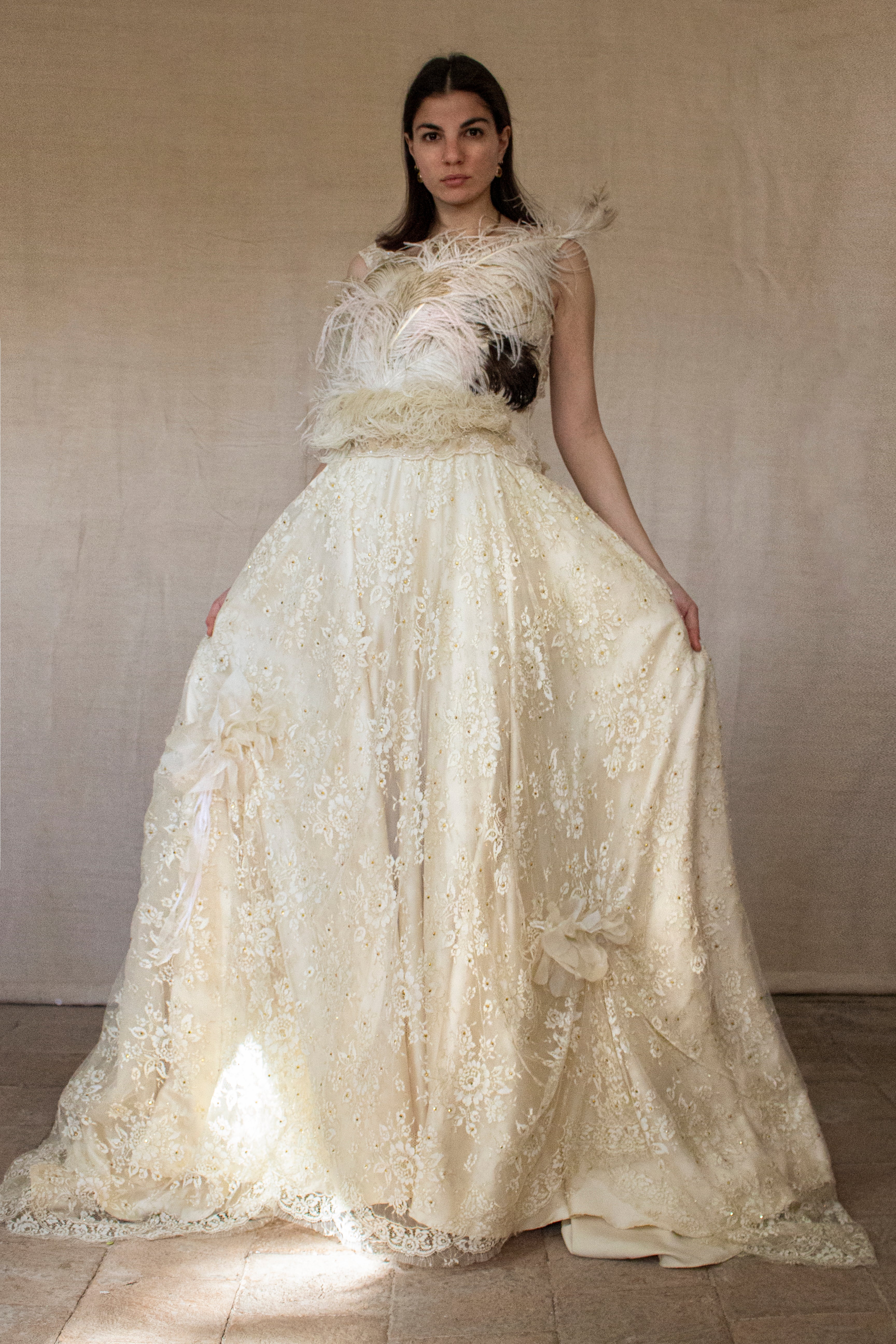 349 - UNIQUE VINTAGE TWO-PIECE WEDDING DRESS: GOLD LACE A-LINE SKIRT & BUSTIER WITH ANTIQUE FEATHERS, 90S LUXURY BRIDAL ENSEMBLE, BOHO ROMANTIC