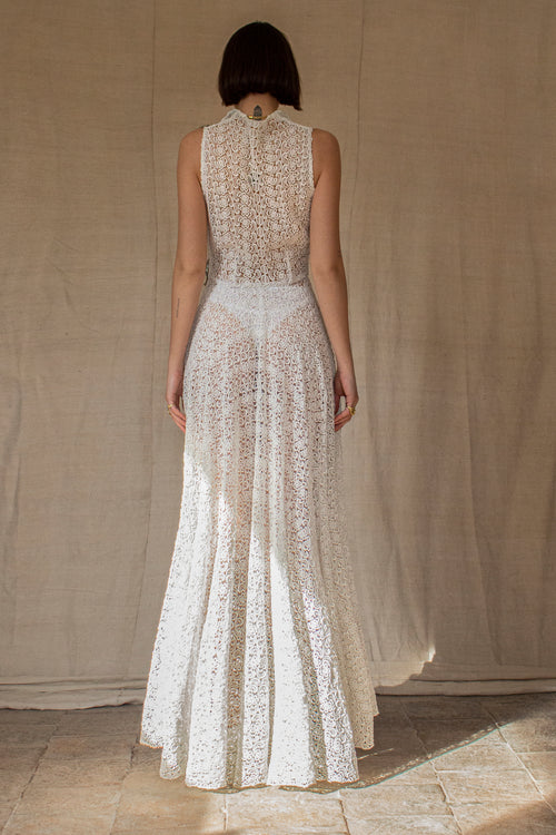 265 - RARE BOHO VINTAGE MACRAMÉ LACE SHIRT-DRESS: SOPHISTICATED CHEMISIER BRIDAL GOWN WITH SILVER SEQUINS