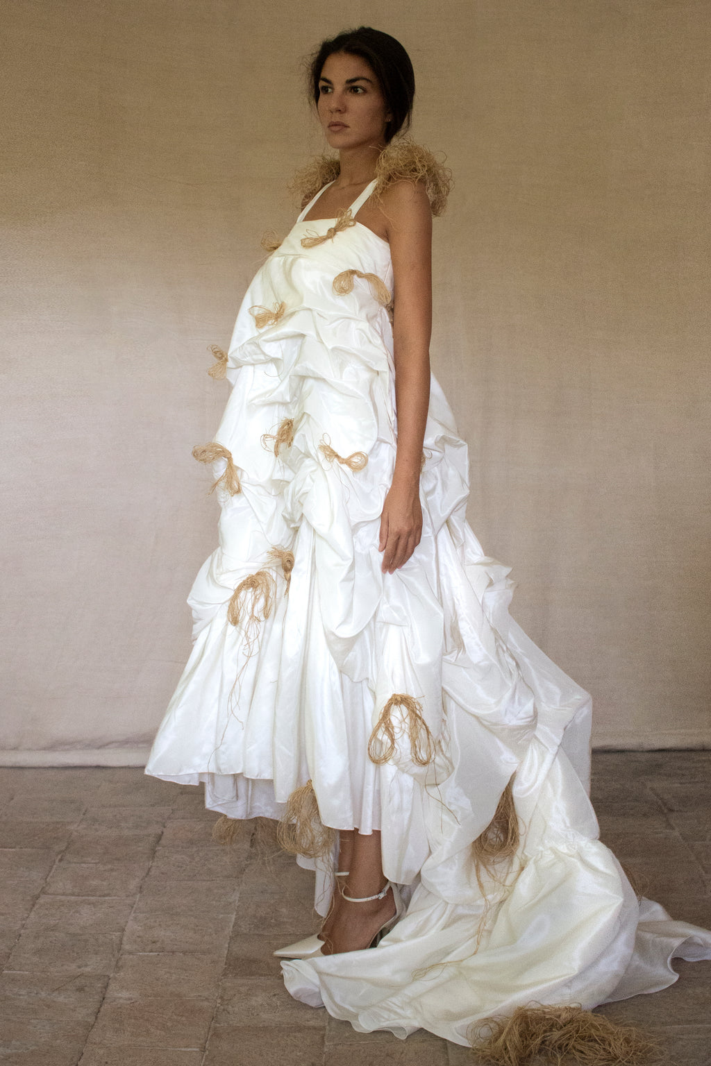 Vintage Ivory Taffeta Wedding Dress | Hemp Bows Gown - 374