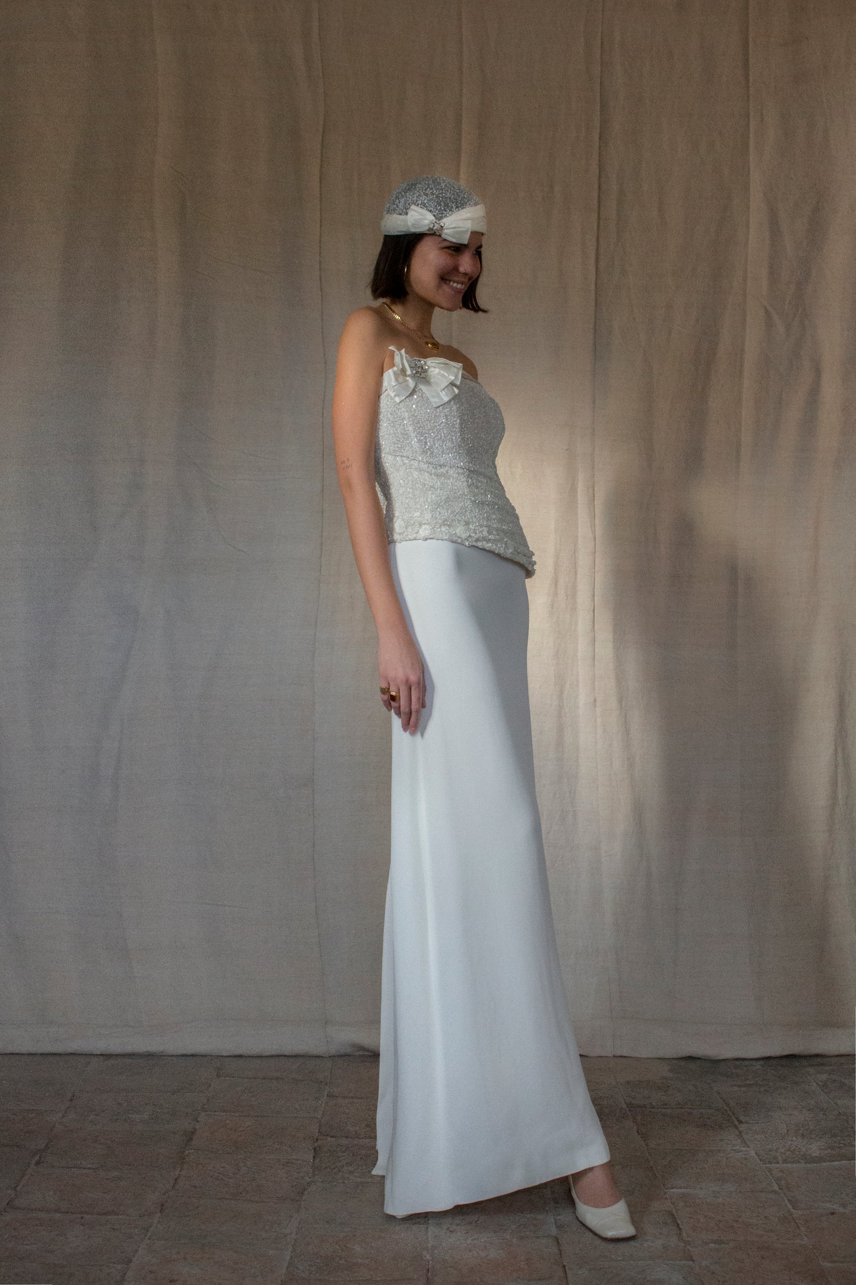 255 - CHIC VINTAGE BRIDAL SET: CRYSTAL JEWEL TOP, SILK CREPE PENCIL SKIRT & MATCHING BERET