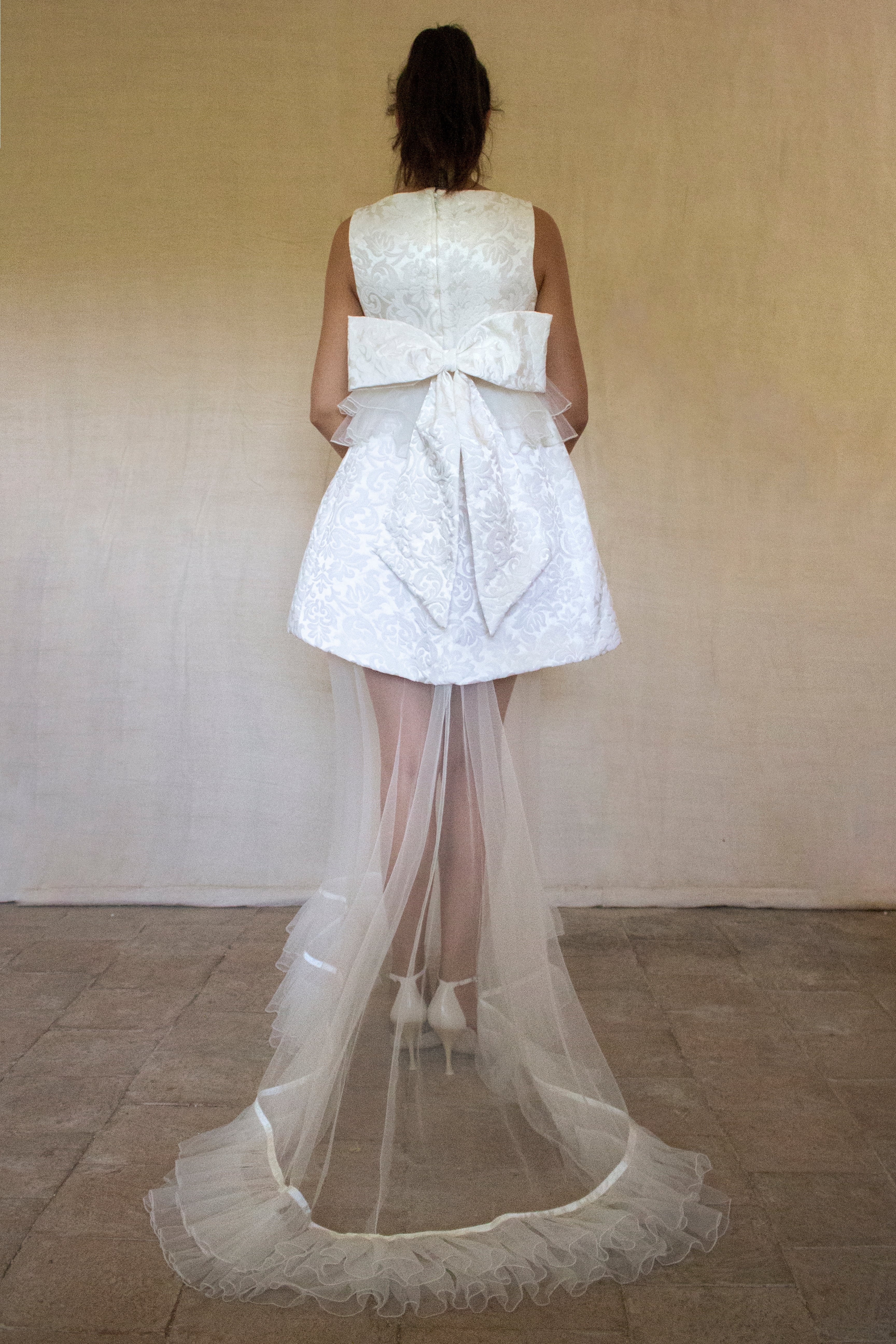 Vintage 90s Mini Wedding Dress | Damask Bridal Dress with Cape & Bow - 368