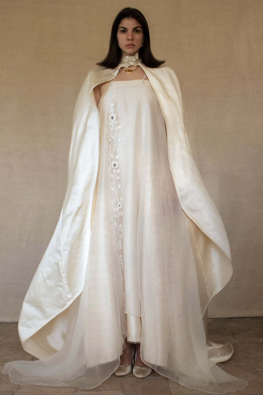 347 - UNIQUE UPCYCLED SILK SATIN WEDDING DRESS: POWDER PINK SLIP GOWN & IVORY CAPE ENSEMBLE, SILVER FLORAL EMBROIDERY, BOHO LUXURY