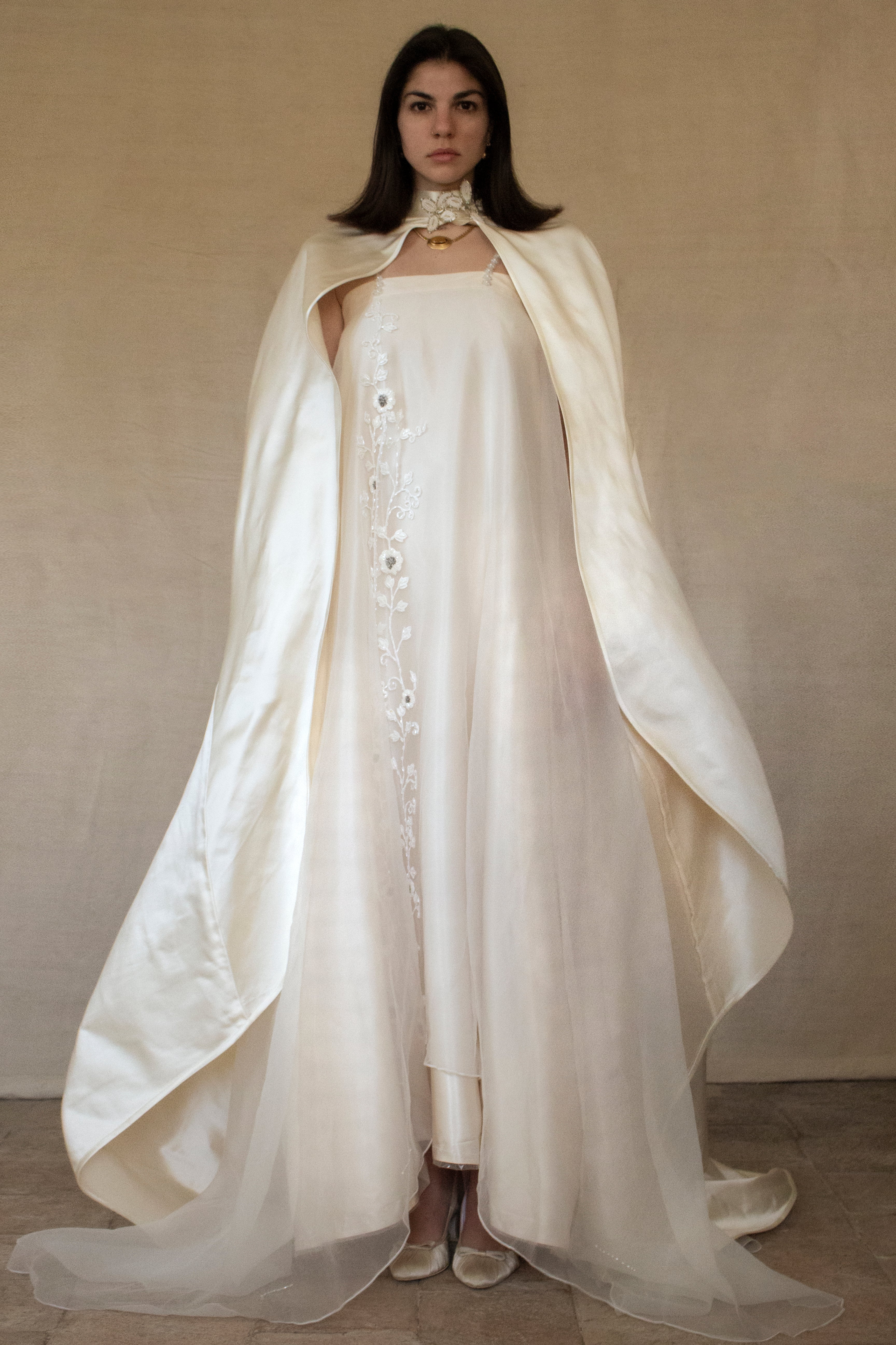 347 - UNIQUE UPCYCLED SILK SATIN WEDDING DRESS: POWDER PINK SLIP GOWN & IVORY CAPE ENSEMBLE, SILVER FLORAL EMBROIDERY, BOHO LUXURY