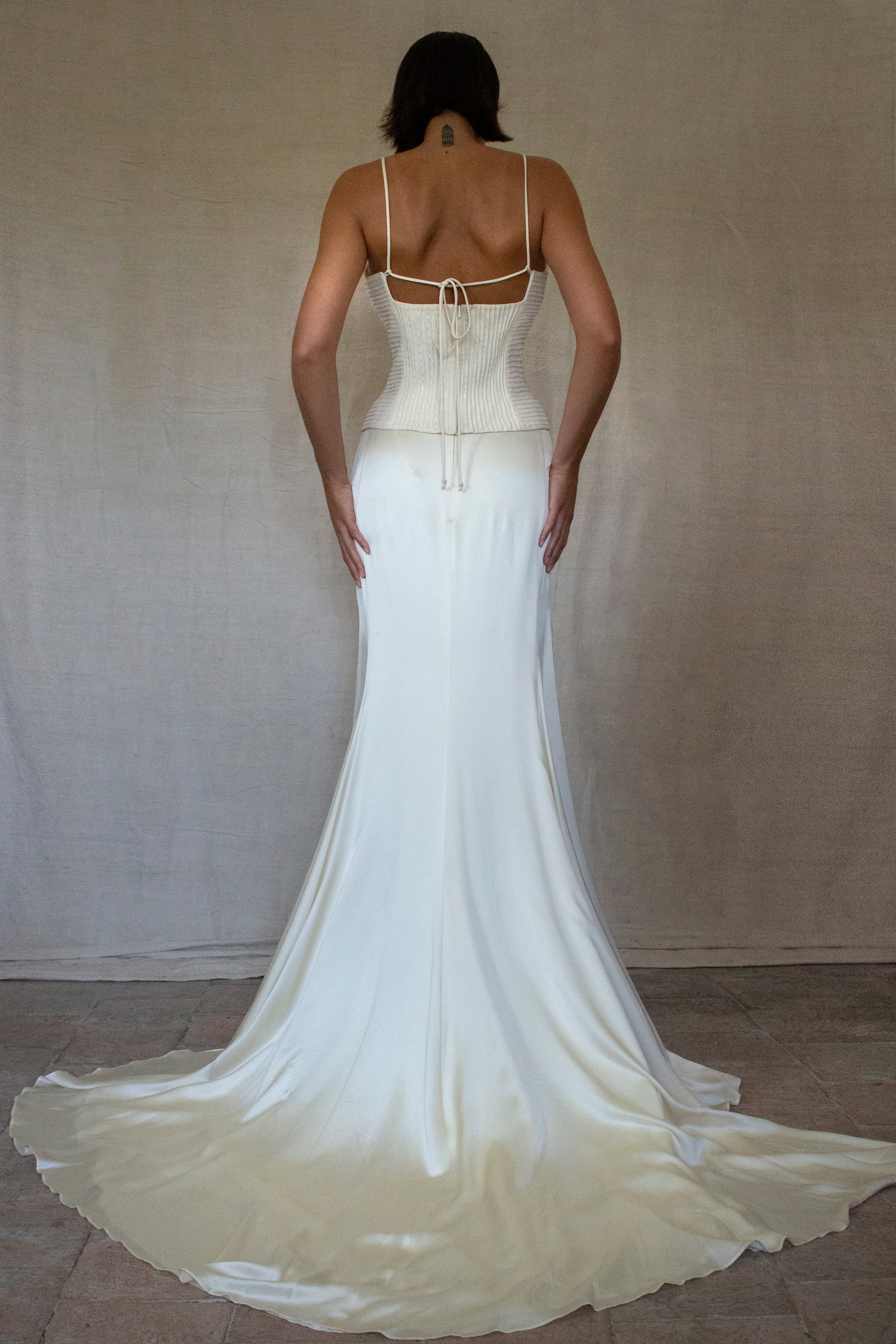 300 - SOPHISTICATED PURE SILK VINTAGE BRIDAL SET: HALTER TOP WITH ANTIQUE GOLD SEQUIN FLOWERS & MATCHING VEIL