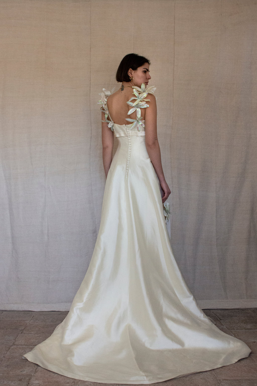 262 - RARE VINTAGE CHAMPAGNE BRIDAL GOWN: SILK MIKADO WITH AUTHENTIC 80S SEQUIN MAXI FLOWERS