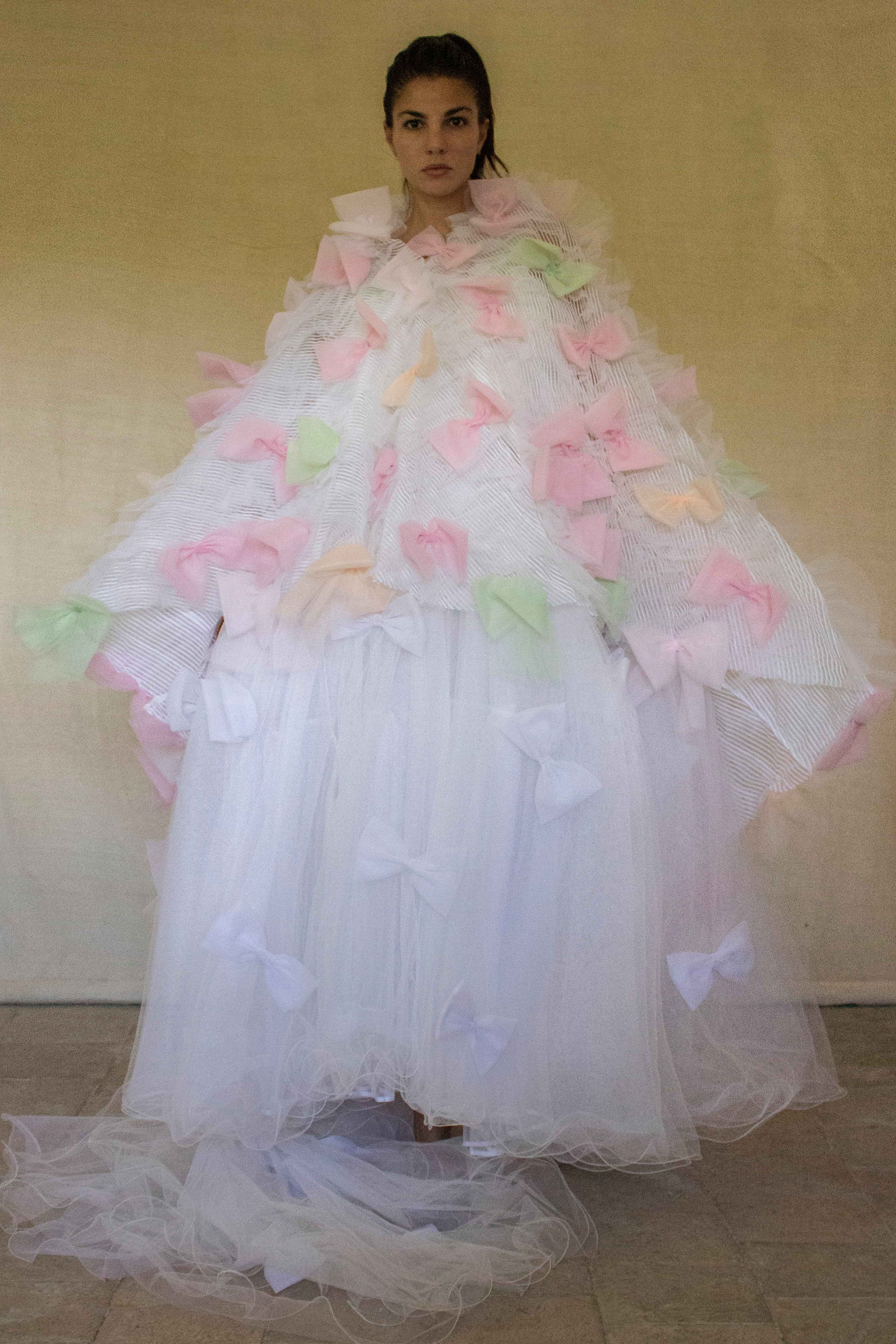 363 - VINTAGE 90s UPCYCLED TULLE 3-PIECE WEDDING DRESS: EMBROIDERED GOWN WITH HANDMADE BOWS AND CAPE