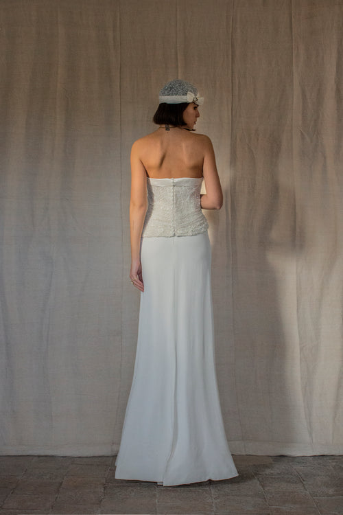 255 - CHIC VINTAGE BRIDAL SET: CRYSTAL JEWEL TOP, SILK CREPE PENCIL SKIRT & MATCHING BERET