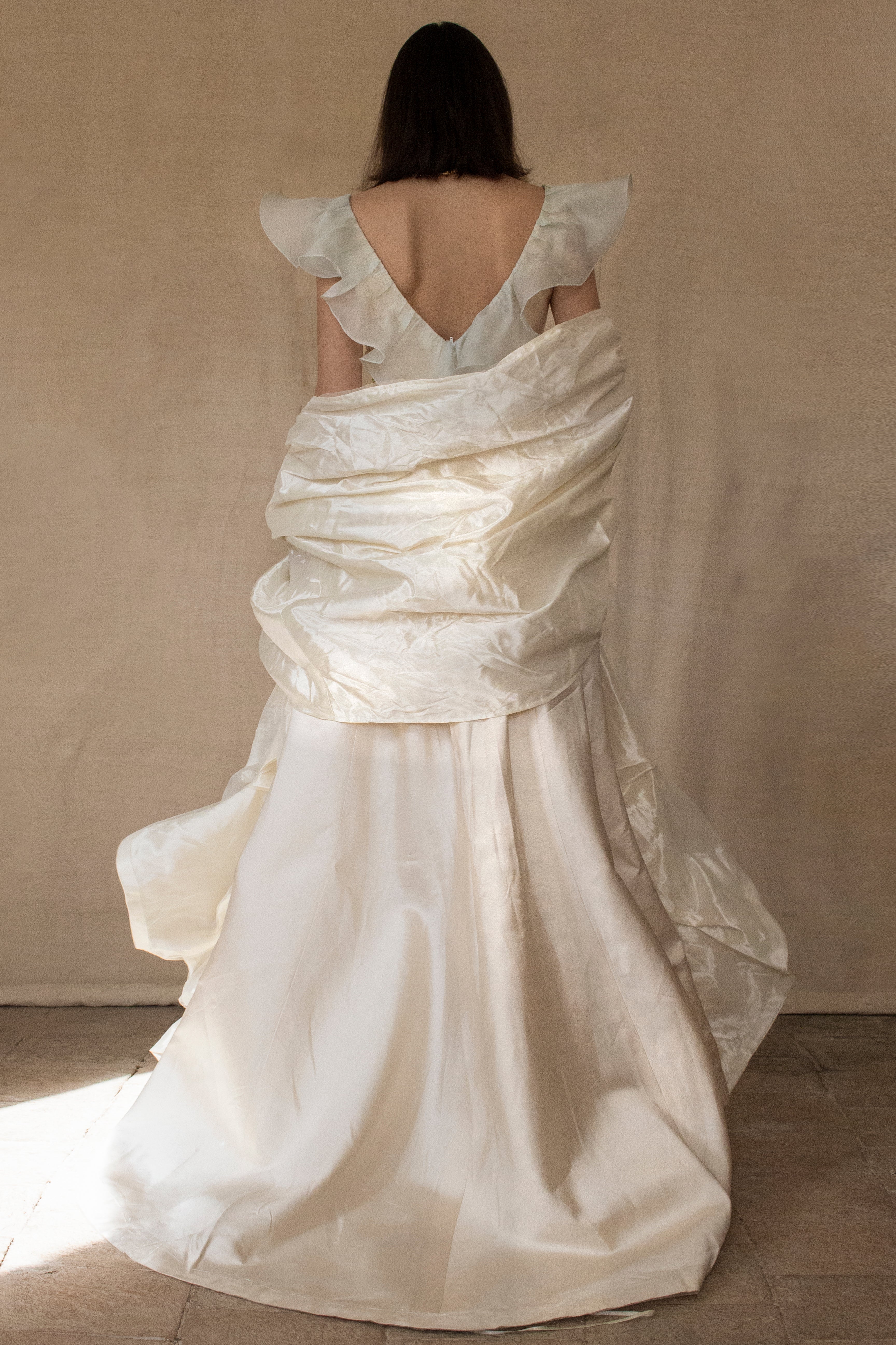 346 - UNIQUE UPCYCLED SILK TAFFETA WEDDING DRESS: PALE PINK MIKADO GOWN WITH MINT RUFFLE, SEQUIN FLORAL EMBROIDERY & MAXI STOLE