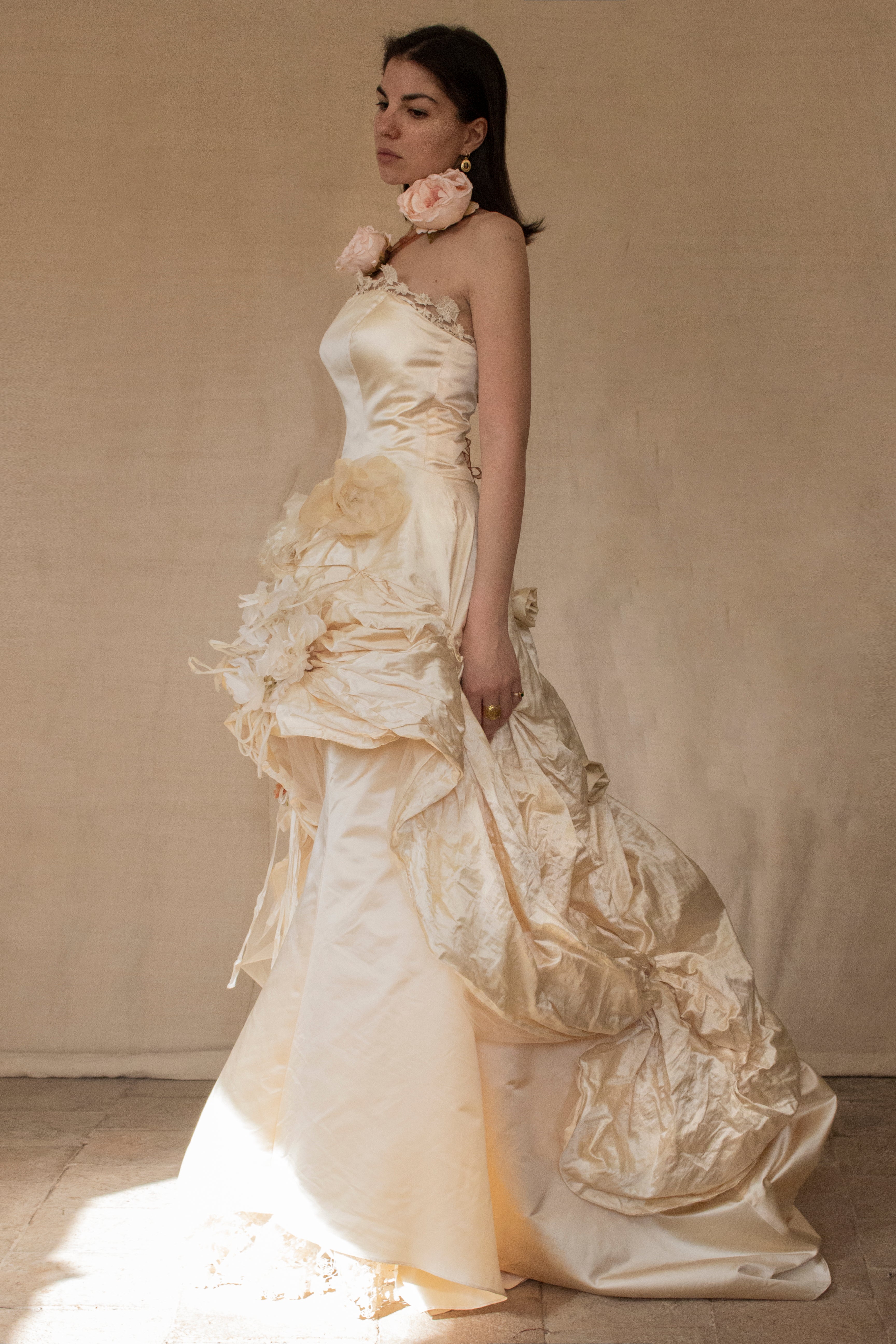 348 - UNIQUE UPCYCLED SILK MERMAID WEDDING DRESS: 90S CREAM TAFFETA GOWN WITH PINK PEONIES, EMBOSSED FLORAL DETAILS & BOHO ROMANTIC STYLE