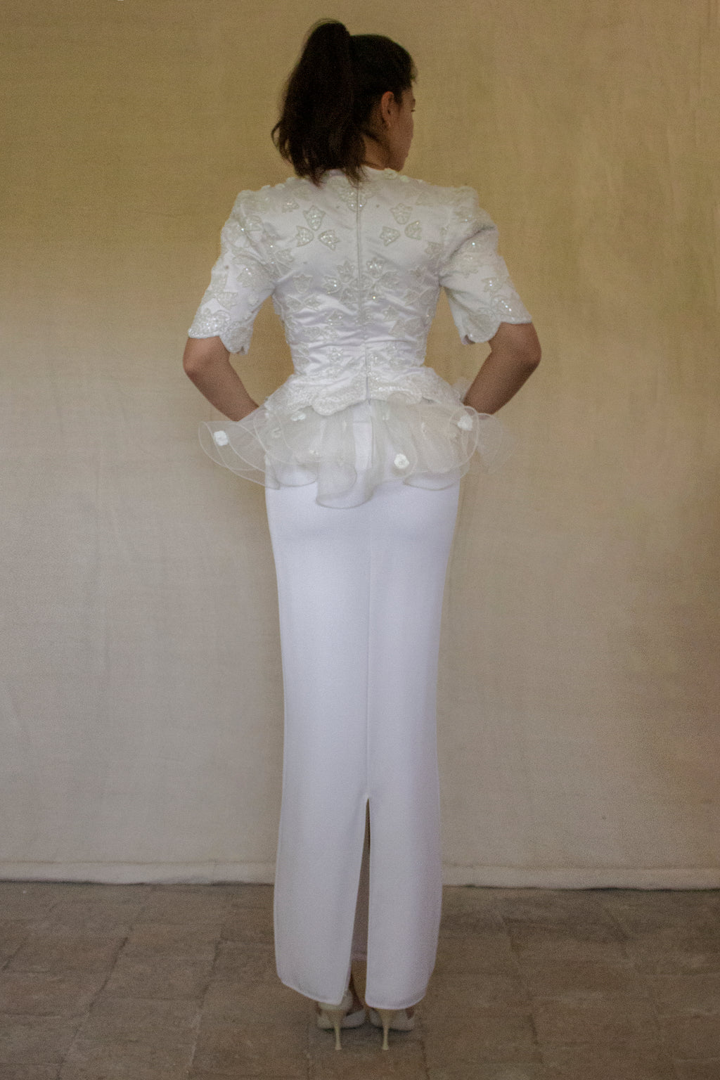 Vintage 80s Sheath Wedding Dress | Hand Embroidered Bridal Gown with Slit - 366