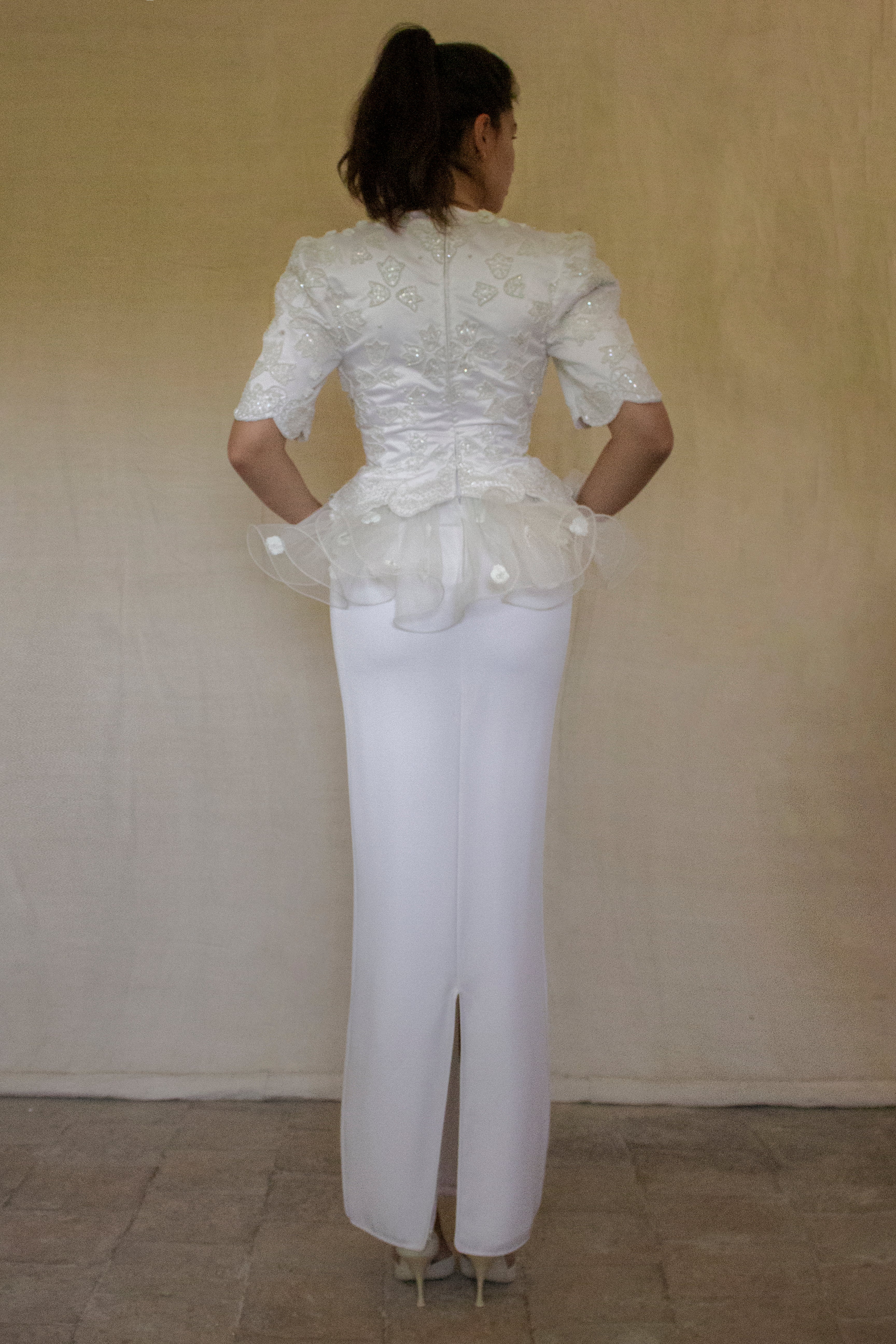 Vintage 80s Sheath Wedding Dress | Hand Embroidered Bridal Gown with Slit - 366