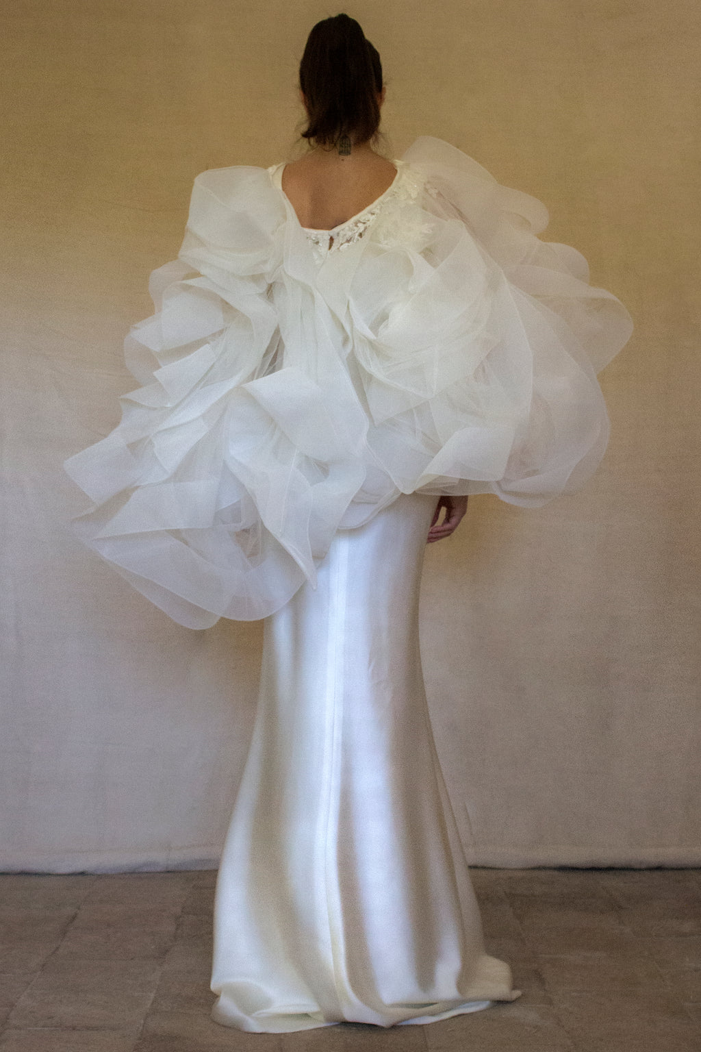 360 - VINTAGE SLIP STYLE WEDDING DRESS: CREAM FLUID SATIN GOWN WITH EMBROIDERED TULLE CAPE