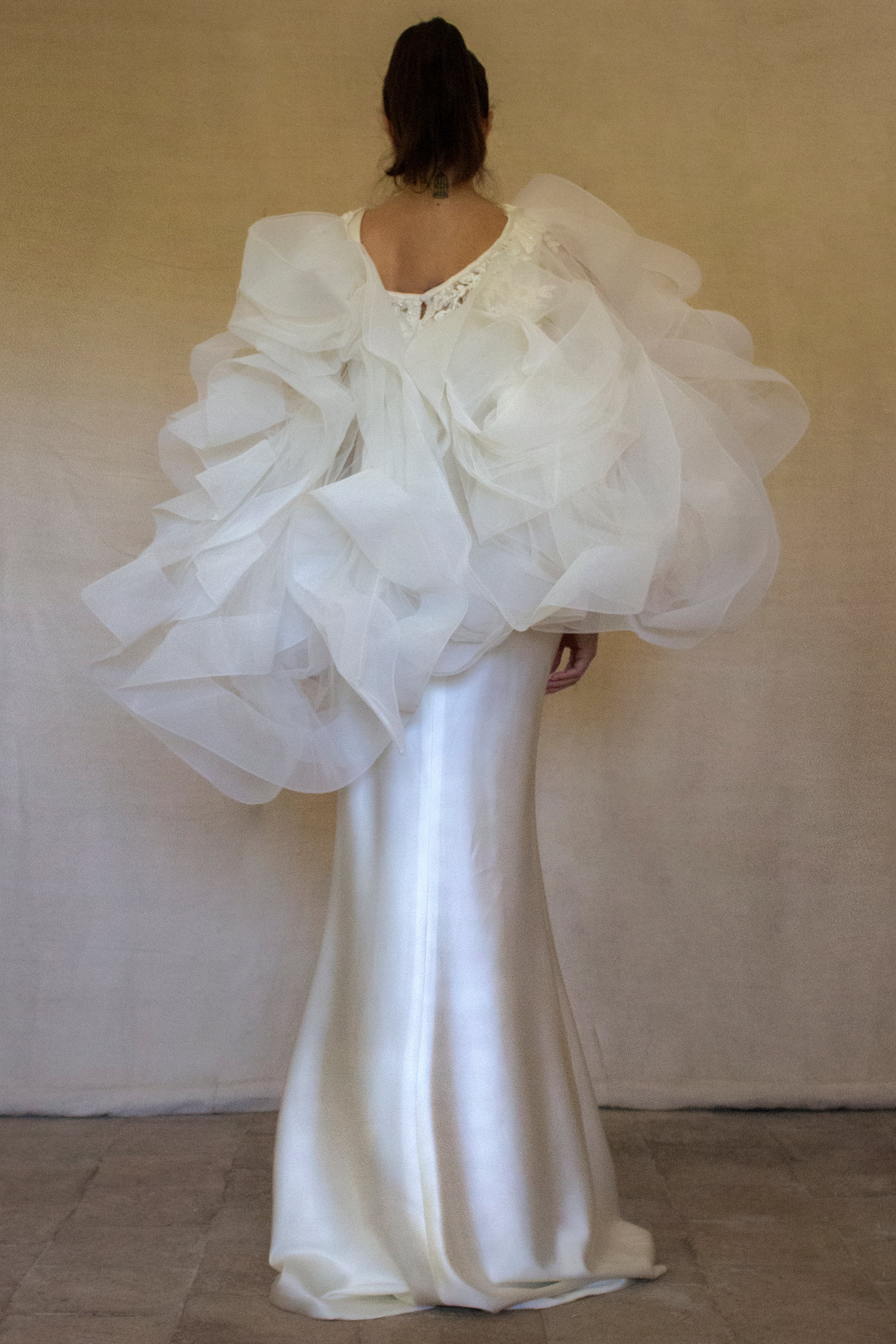 360 - VINTAGE SLIP STYLE WEDDING DRESS: CREAM FLUID SATIN GOWN WITH EMBROIDERED TULLE CAPE
