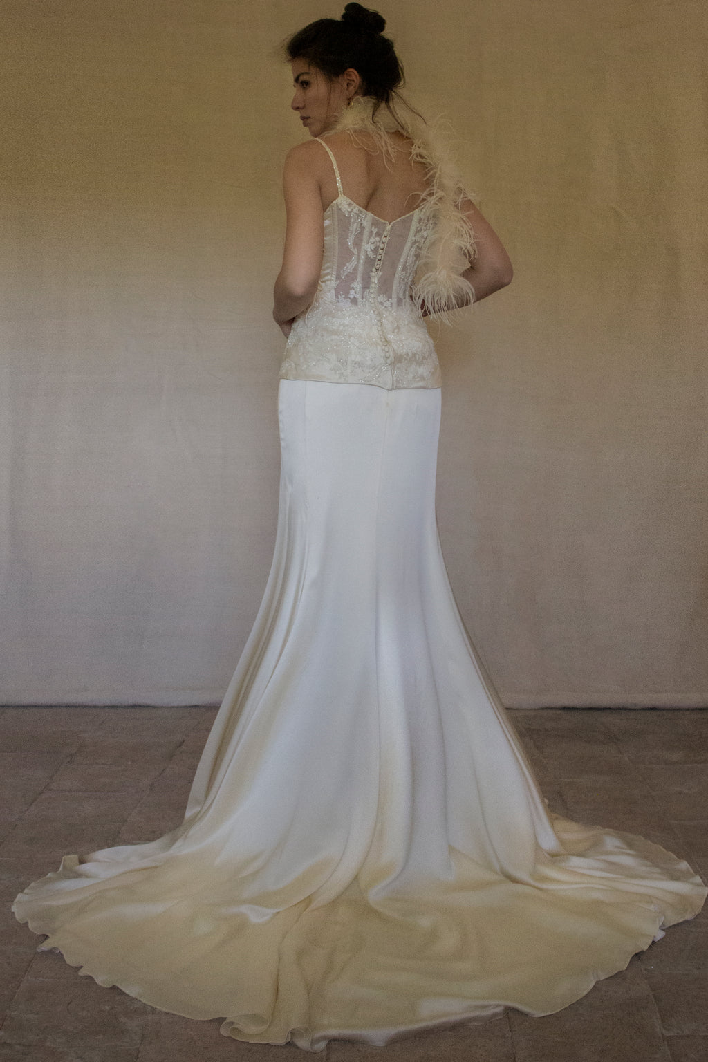 362 - VINTAGE 90s SILK BRIDAL TWO PIECE SET: EMBROIDERED BUSTIER AND FLUID CREAM SKIRT