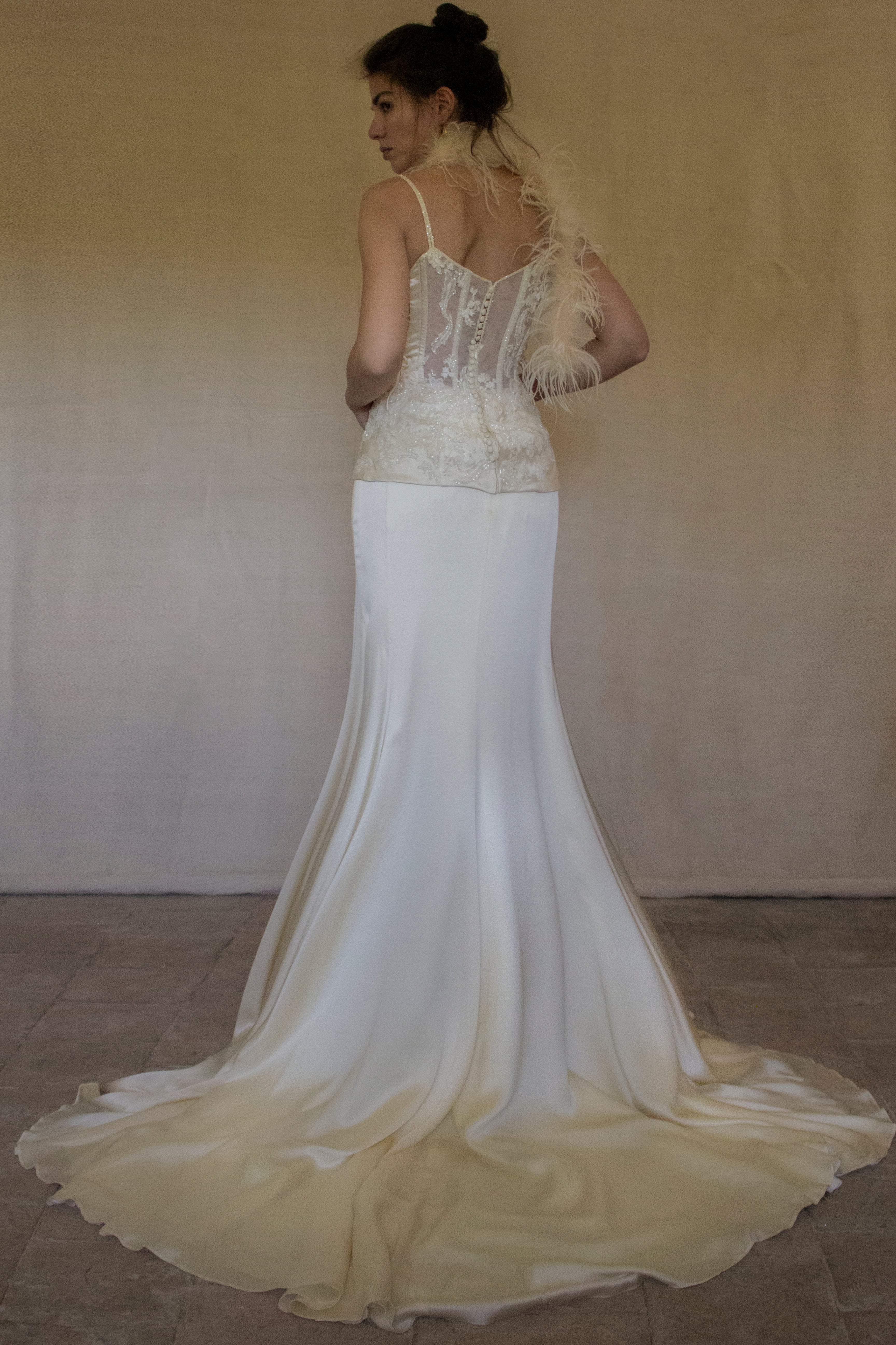 362 - VINTAGE 90s SILK BRIDAL TWO PIECE SET: EMBROIDERED BUSTIER AND FLUID CREAM SKIRT