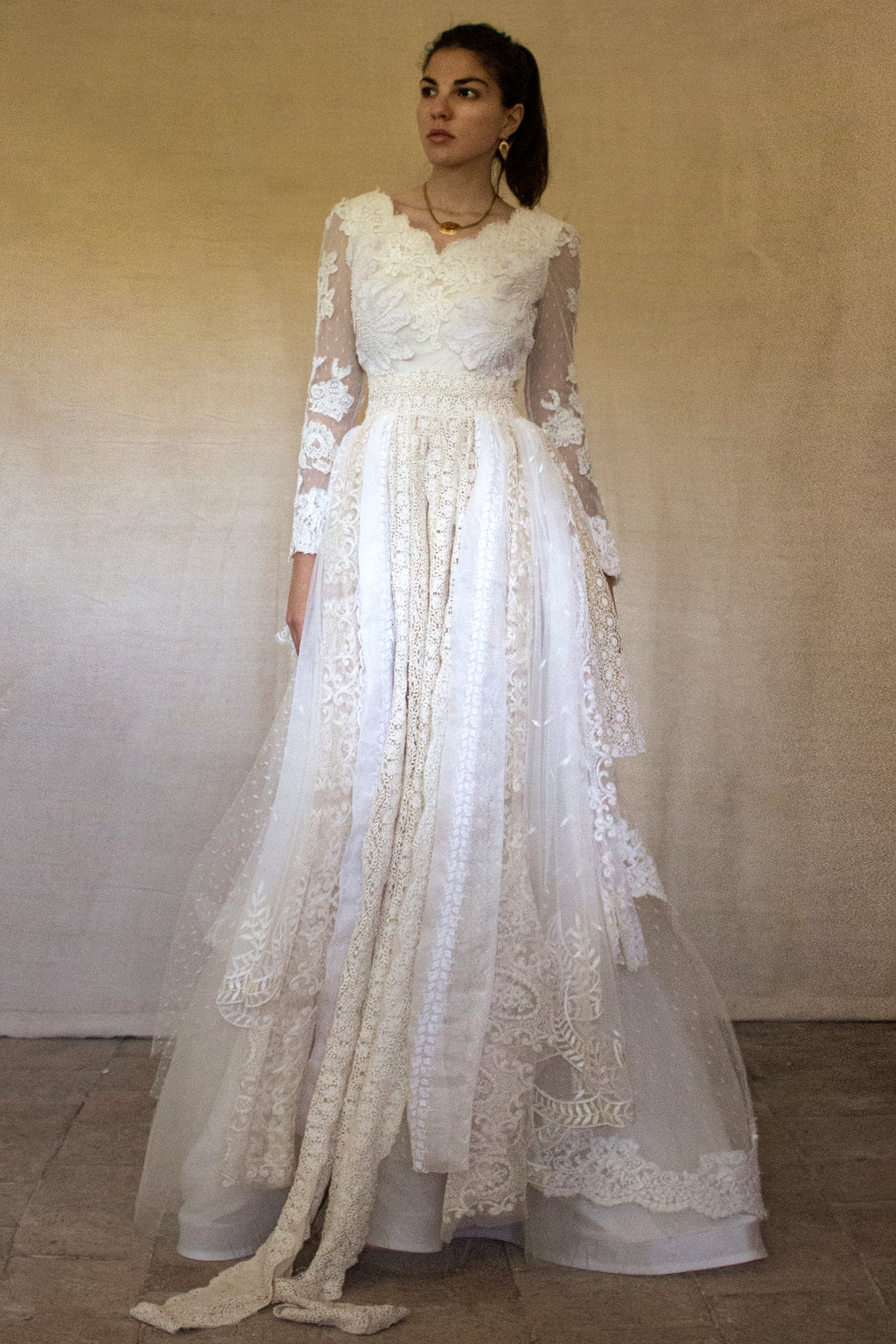 356 - VINTAGE 90s UPCYCLED LACE WEDDING DRESS: IVORY GOWN WITH POLKA DOT TULLE & ANTIQUE MACRAME DETAILS - Vague atelier