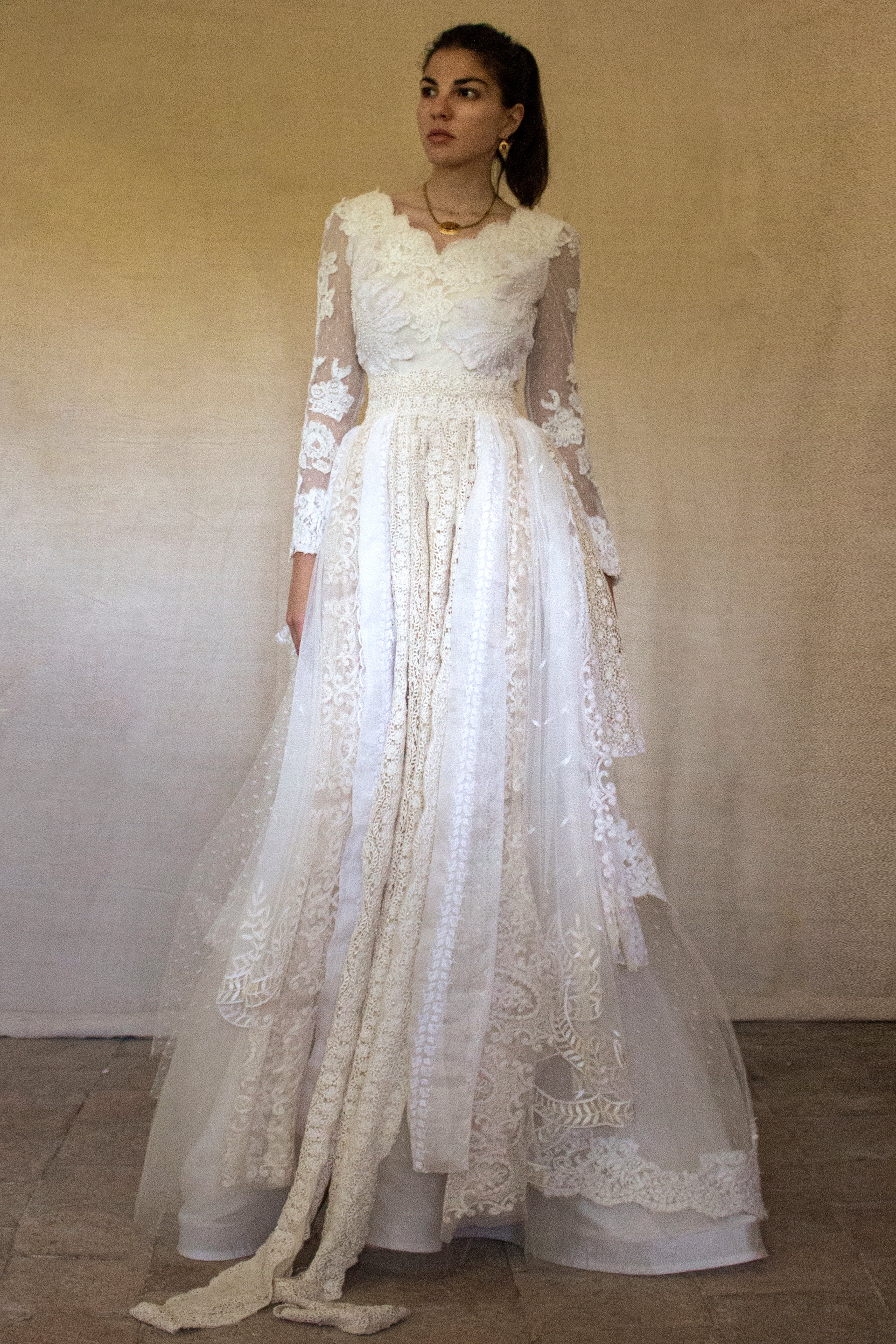 356 - VINTAGE 90s UPCYCLED LACE WEDDING DRESS: IVORY GOWN WITH POLKA DOT TULLE & ANTIQUE MACRAME DETAILS - Vague atelier