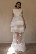 315 - UNIQUE MULTILAYER FLORAL BRIDAL GOWN: 1940S PEPLUM & UPCYCLED MULTI-ERA VINTAGE LACE DRESS - Vague atelier